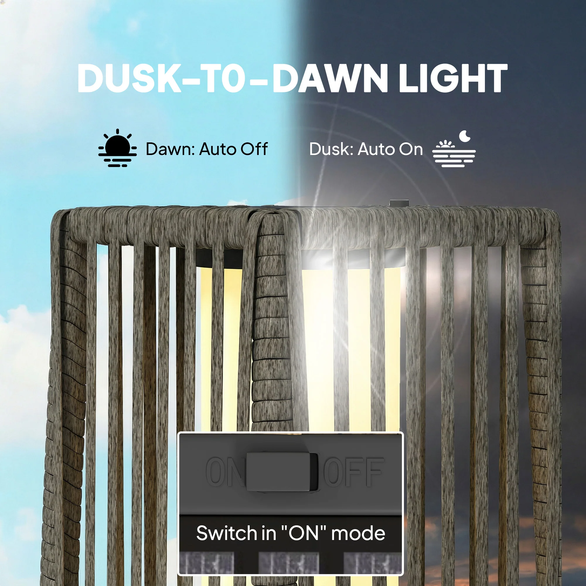 Outsunny Solar Rattan Floor Lamp Auto On/Off Garden Lantern, Dark Grey - Image 5