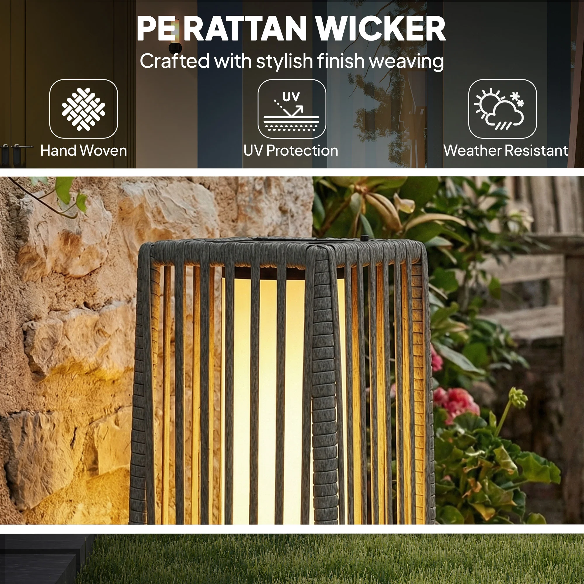 Outsunny Solar Rattan Floor Lamp Auto On/Off Garden Lantern, Dark Grey - Image 6