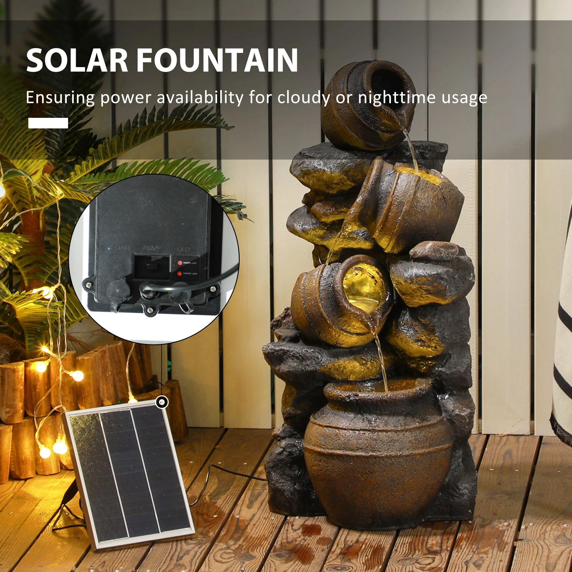 Outsunny Solar Water Feature with LED Lights and Pump 4 Tier Water Fountain - Image 4