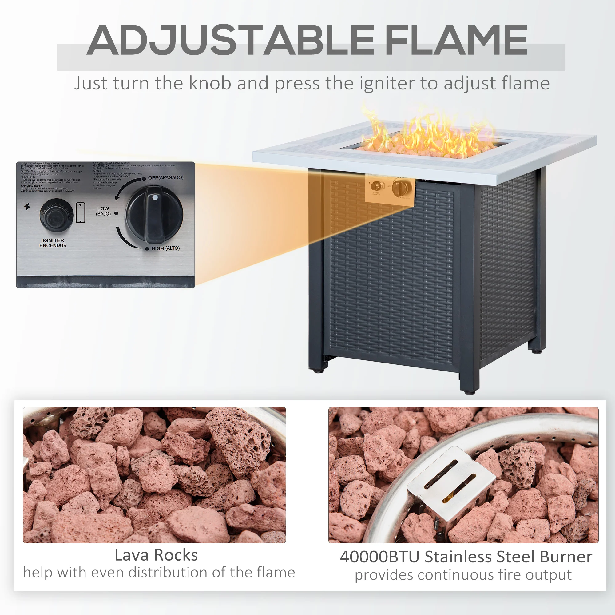 Outsunny Square Propane Gas Fire Pit Table, 40000 BTU Rattan Smokeless Firepit Patio Heater with Lava Rocks and Lid, 71cm x 71cm x 62cm, Black - Image 5