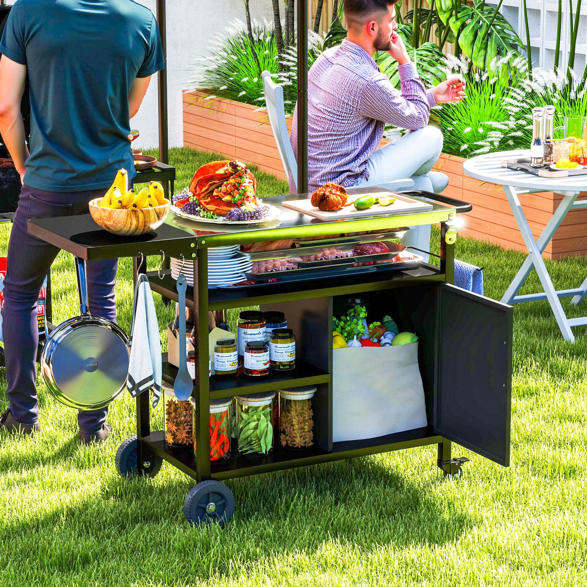 Outsunny Stainless Steel Outdoor BBQ Trolley with Folding Side table, Black - Image 2