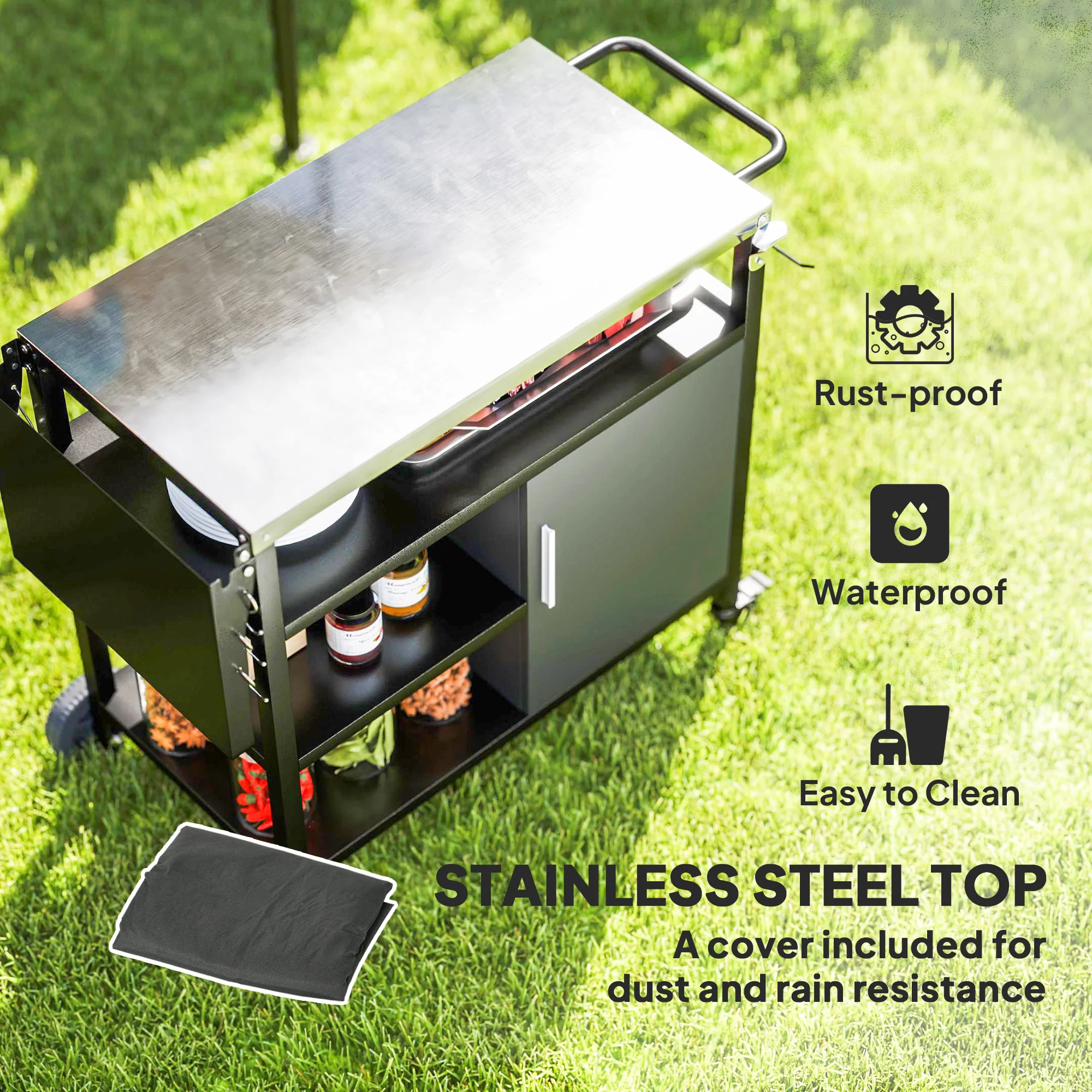Outsunny Stainless Steel Outdoor BBQ Trolley with Folding Side table, Black - Image 3