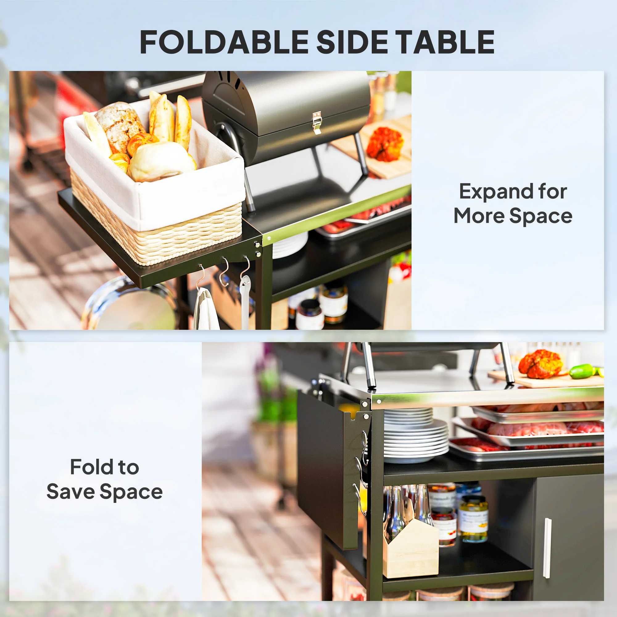Outsunny Stainless Steel Outdoor BBQ Trolley with Folding Side table, Black - Image 4