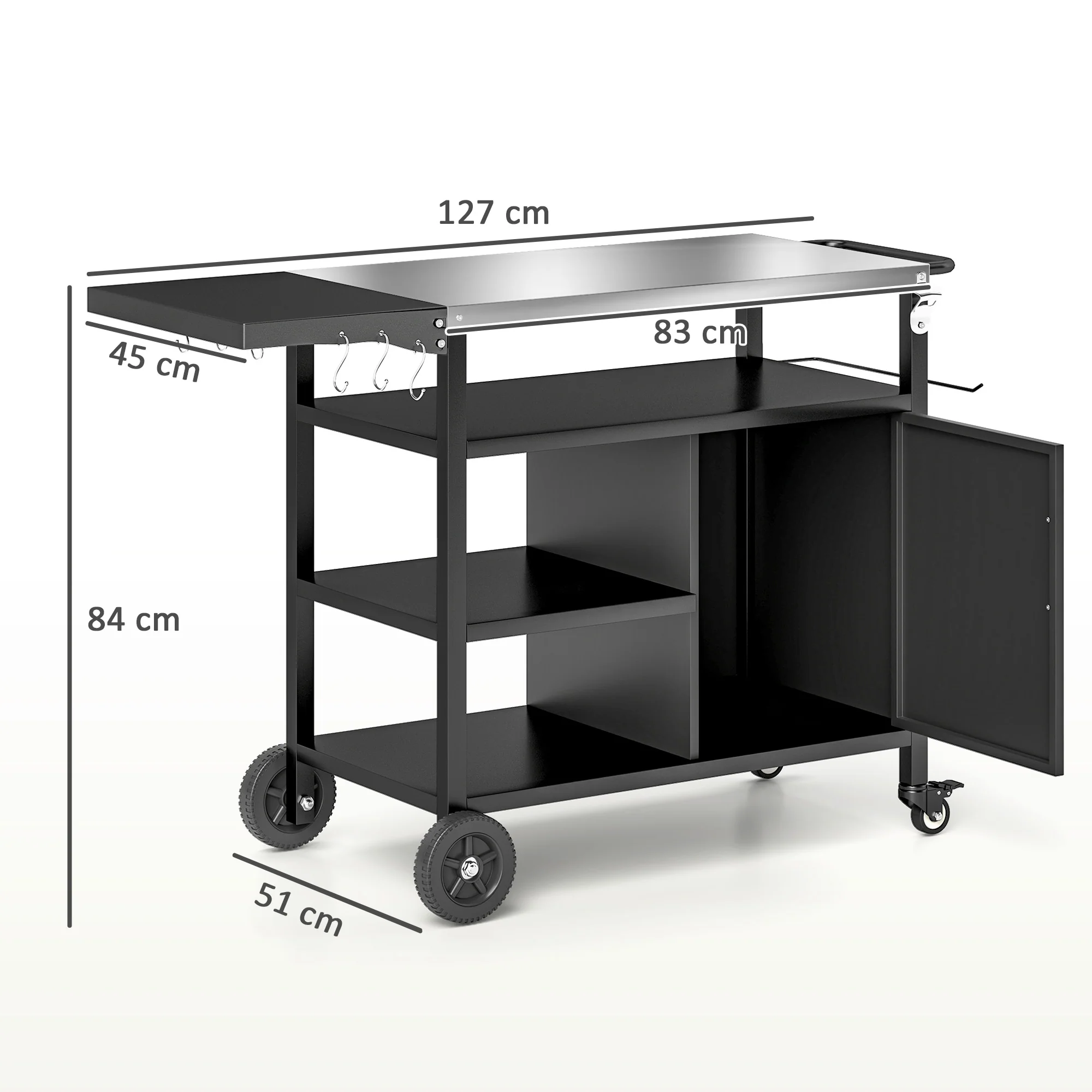 Outsunny Stainless Steel Outdoor BBQ Trolley with Folding Side table, Black - Image 5