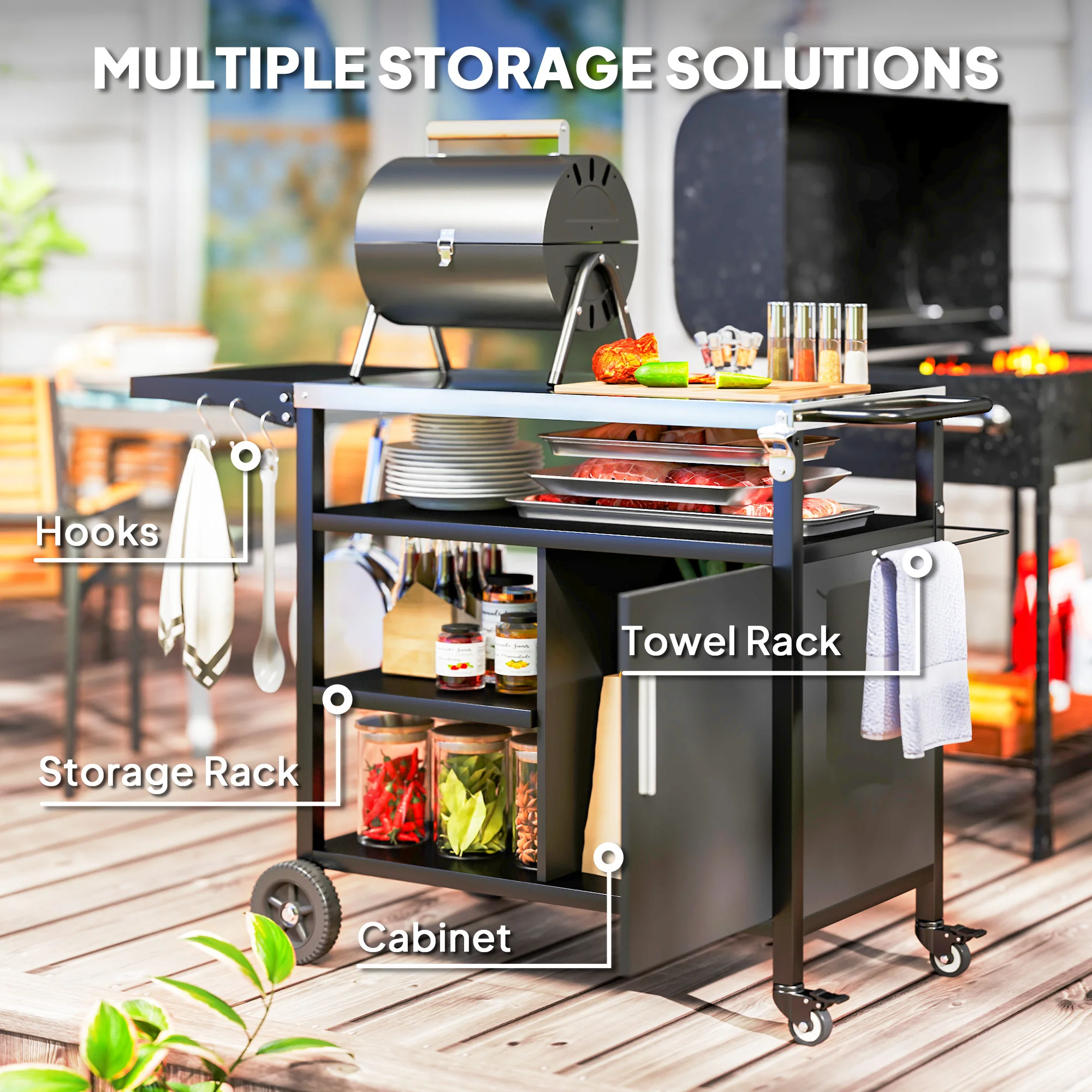 Outsunny Stainless Steel Outdoor BBQ Trolley with Folding Side table, Black - Image 6