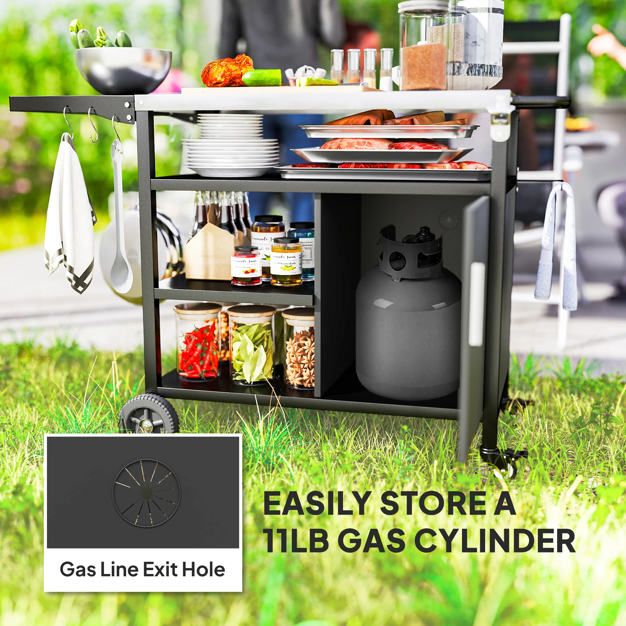 Outsunny Stainless Steel Outdoor BBQ Trolley with Folding Side table, Black - Image 7