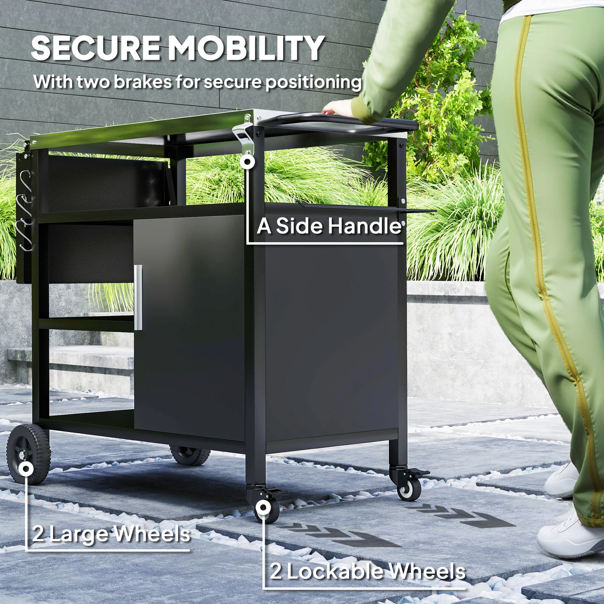 Outsunny Stainless Steel Outdoor BBQ Trolley with Folding Side table, Black - Image 8