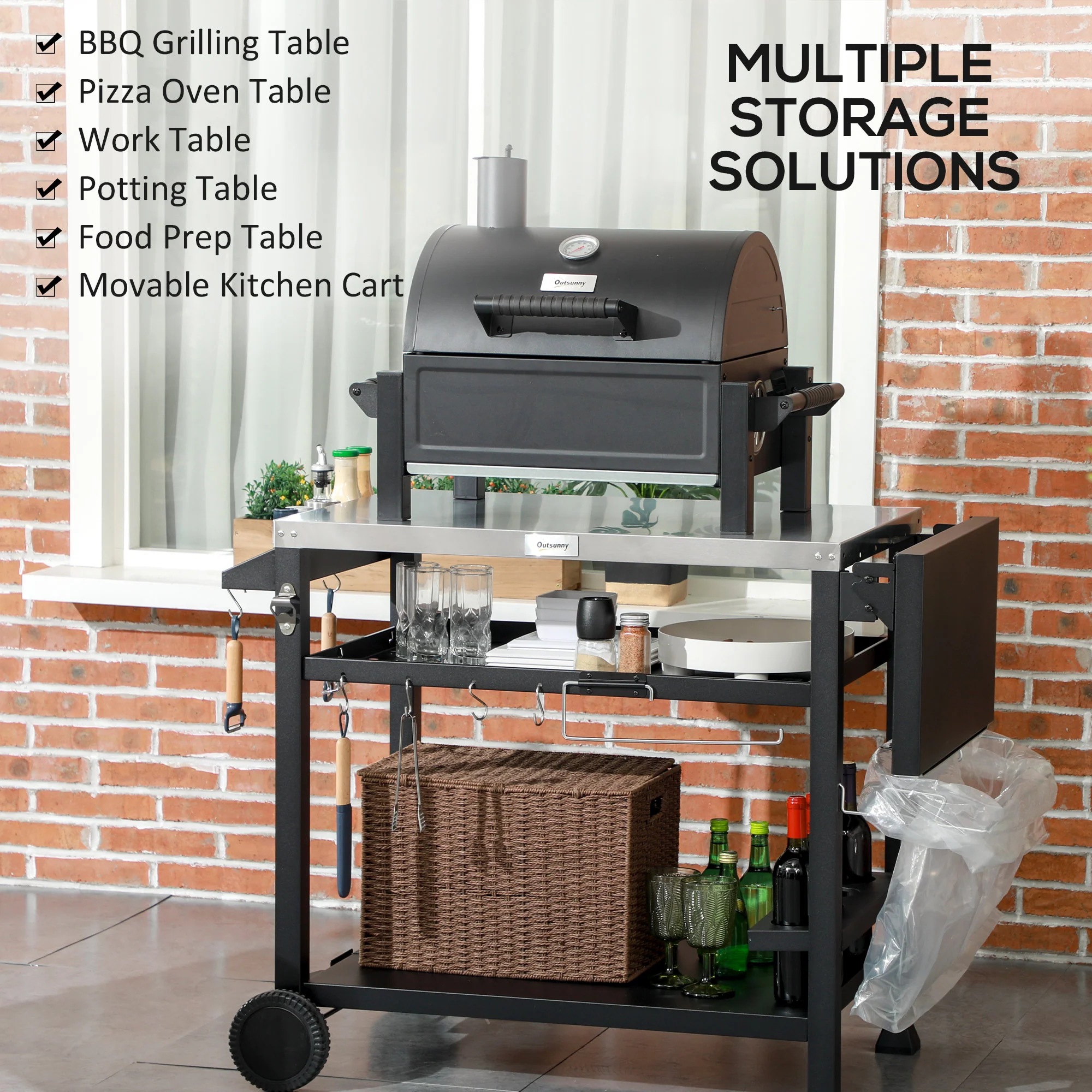 Outsunny Stainless Steel Outdoor Grill Cart With Folding Side Table, 2 Wheels - Image 8