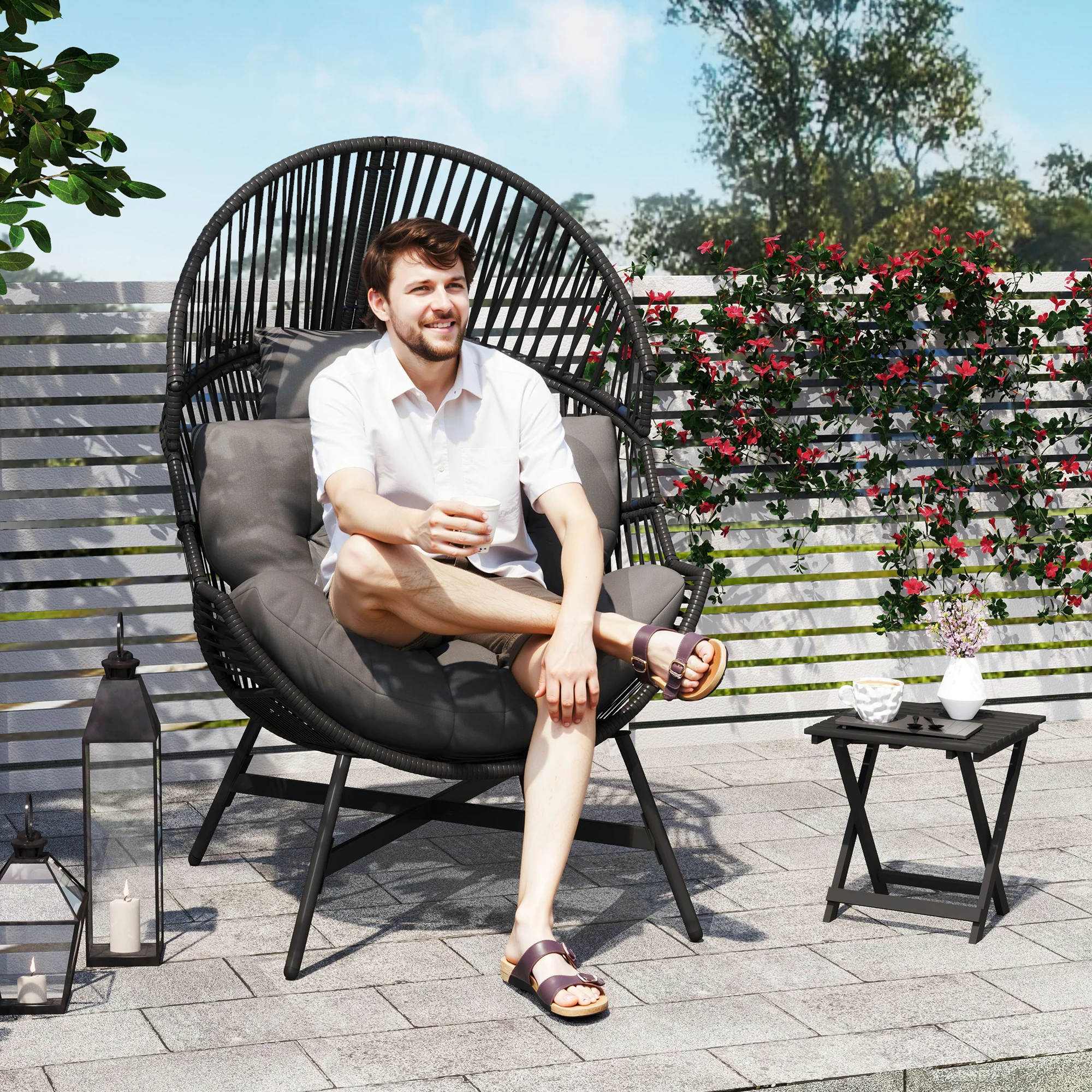 Outsunny Standing Rattan Garden Egg Chair with Headrest, Charcoal Grey - Image 2