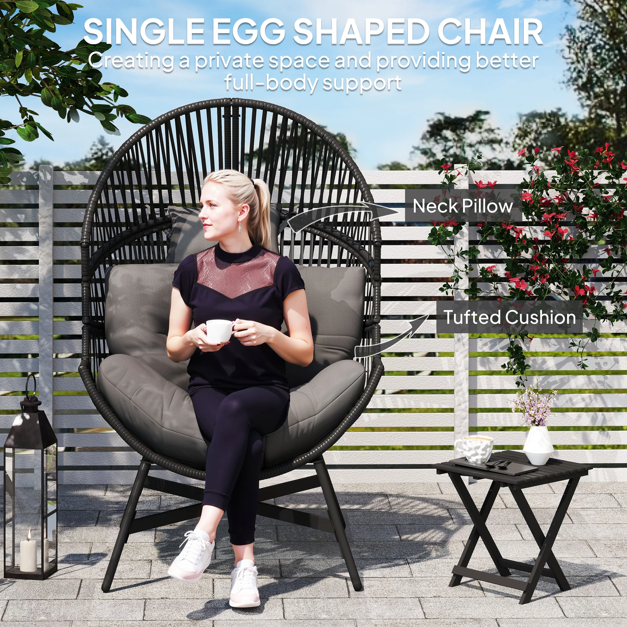 Outsunny Standing Rattan Garden Egg Chair with Headrest, Charcoal Grey - Image 4