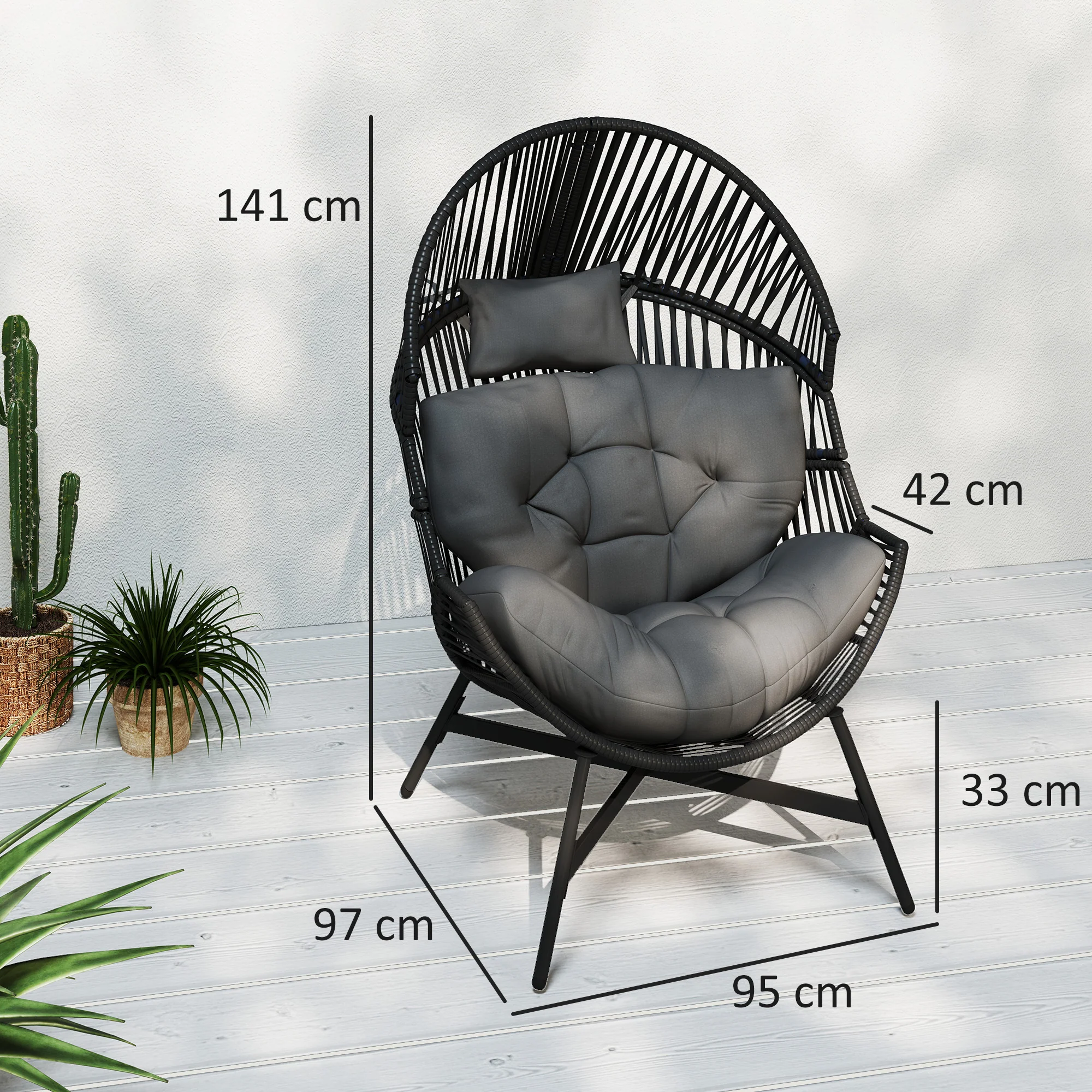 Outsunny Standing Rattan Garden Egg Chair with Headrest, Charcoal Grey - Image 5