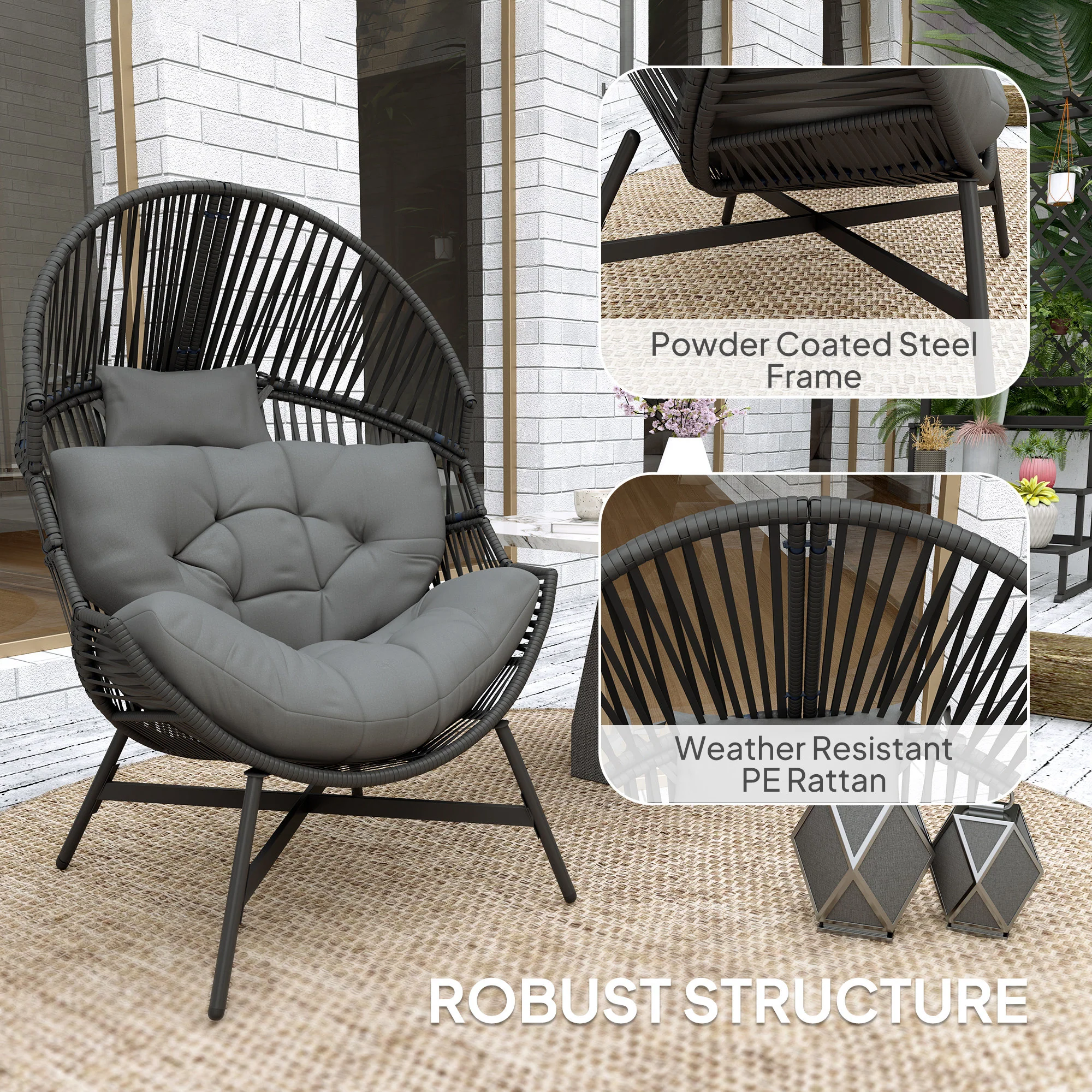 Outsunny Standing Rattan Garden Egg Chair with Headrest, Charcoal Grey - Image 6