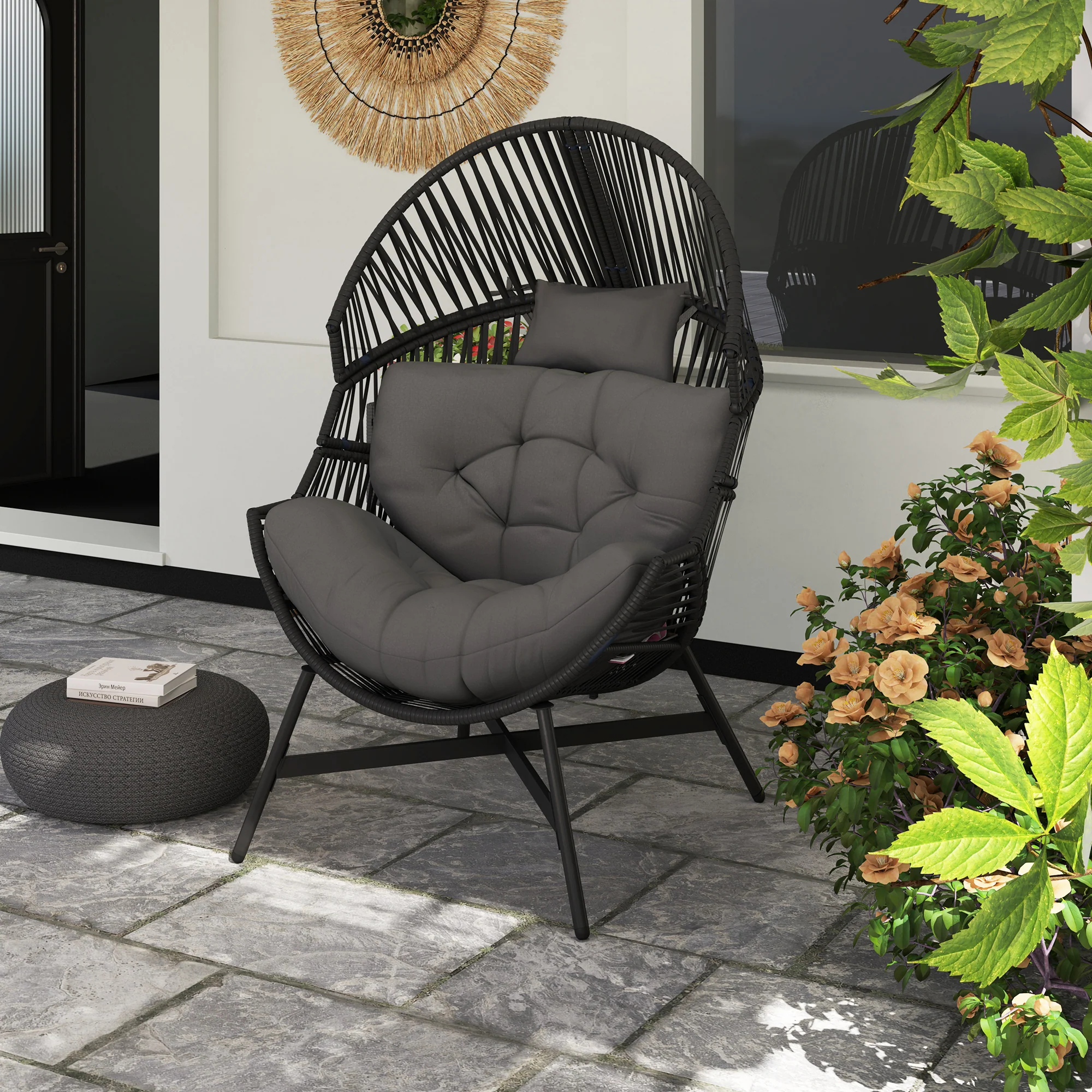 Outsunny Standing Rattan Garden Egg Chair with Headrest, Charcoal Grey - Image 8