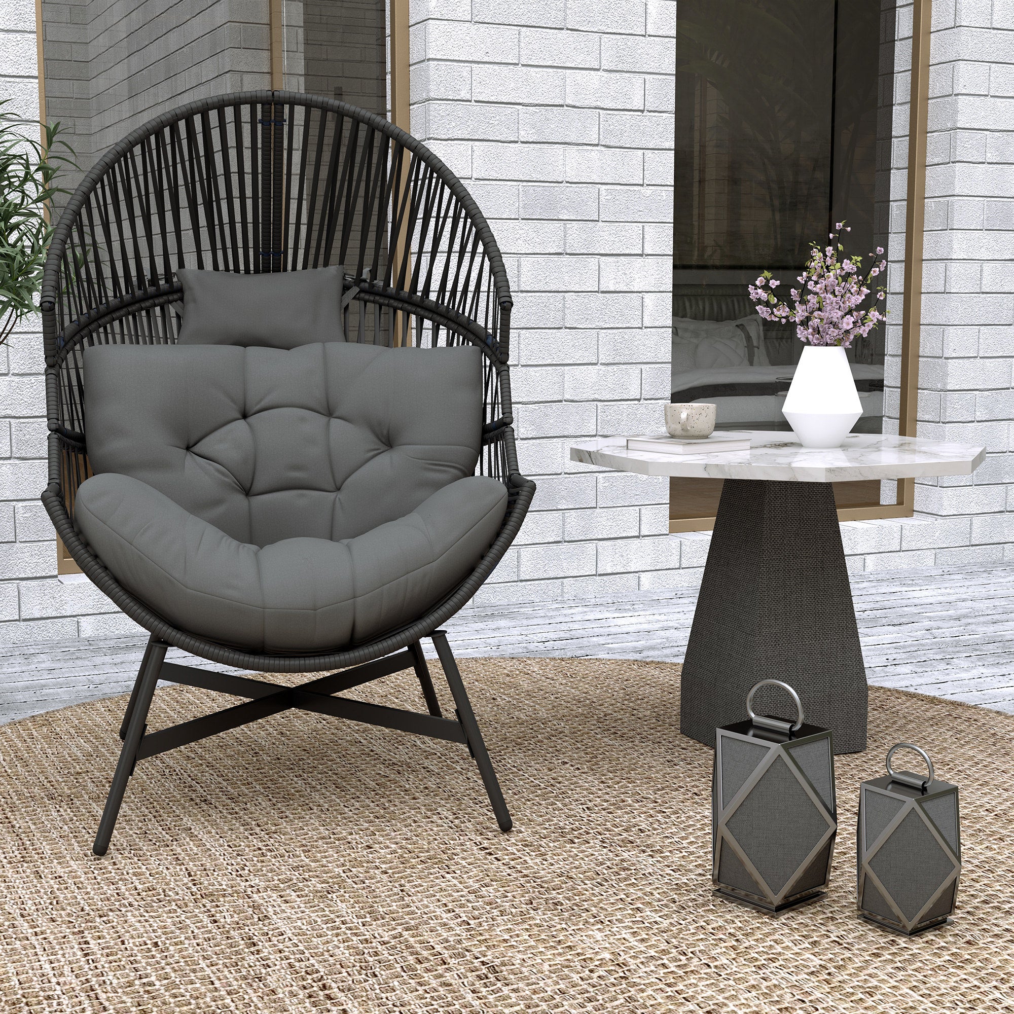 Outsunny Standing Rattan Garden Egg Chair with Headrest, Charcoal Grey - Image 9