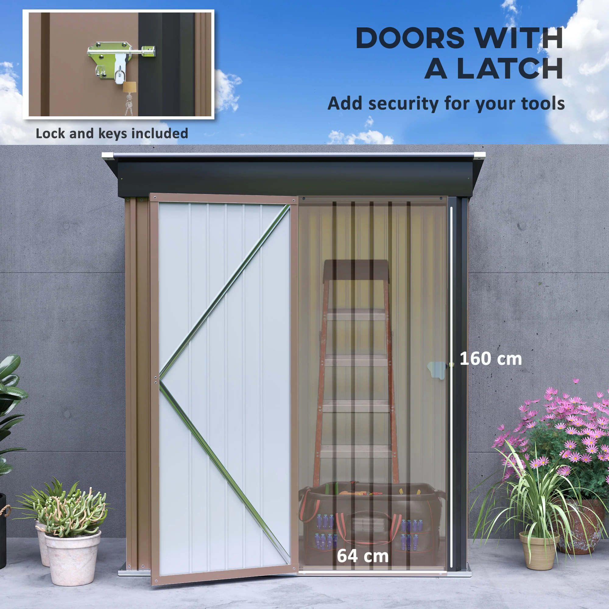 Outsunny Steel Garden Shed, Small Lean-to Shed For Bike, 5x3 Ft Brown - Image 7