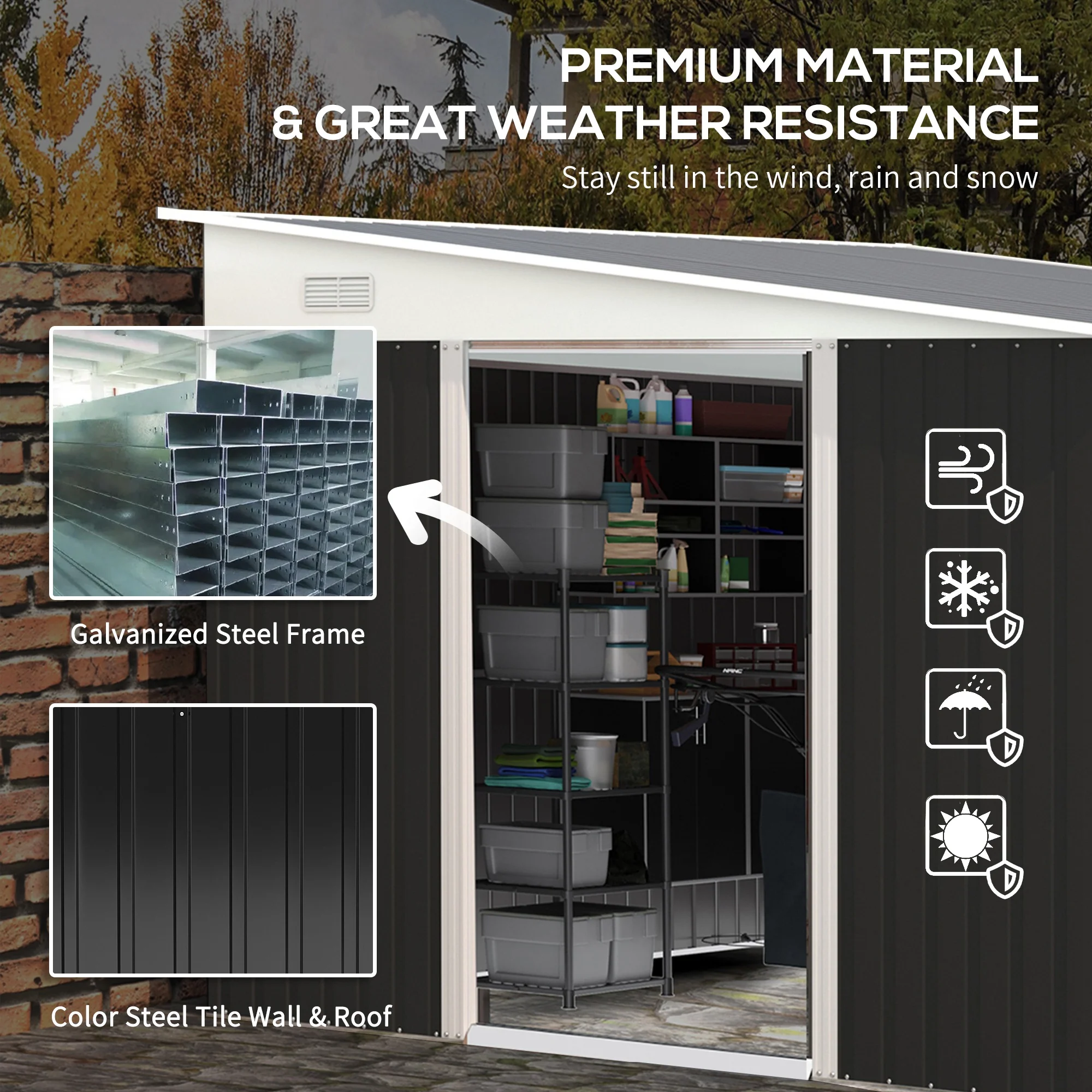 Outsunny Steel Garden Storage Shed w/ Sliding Doors Black - Image 3
