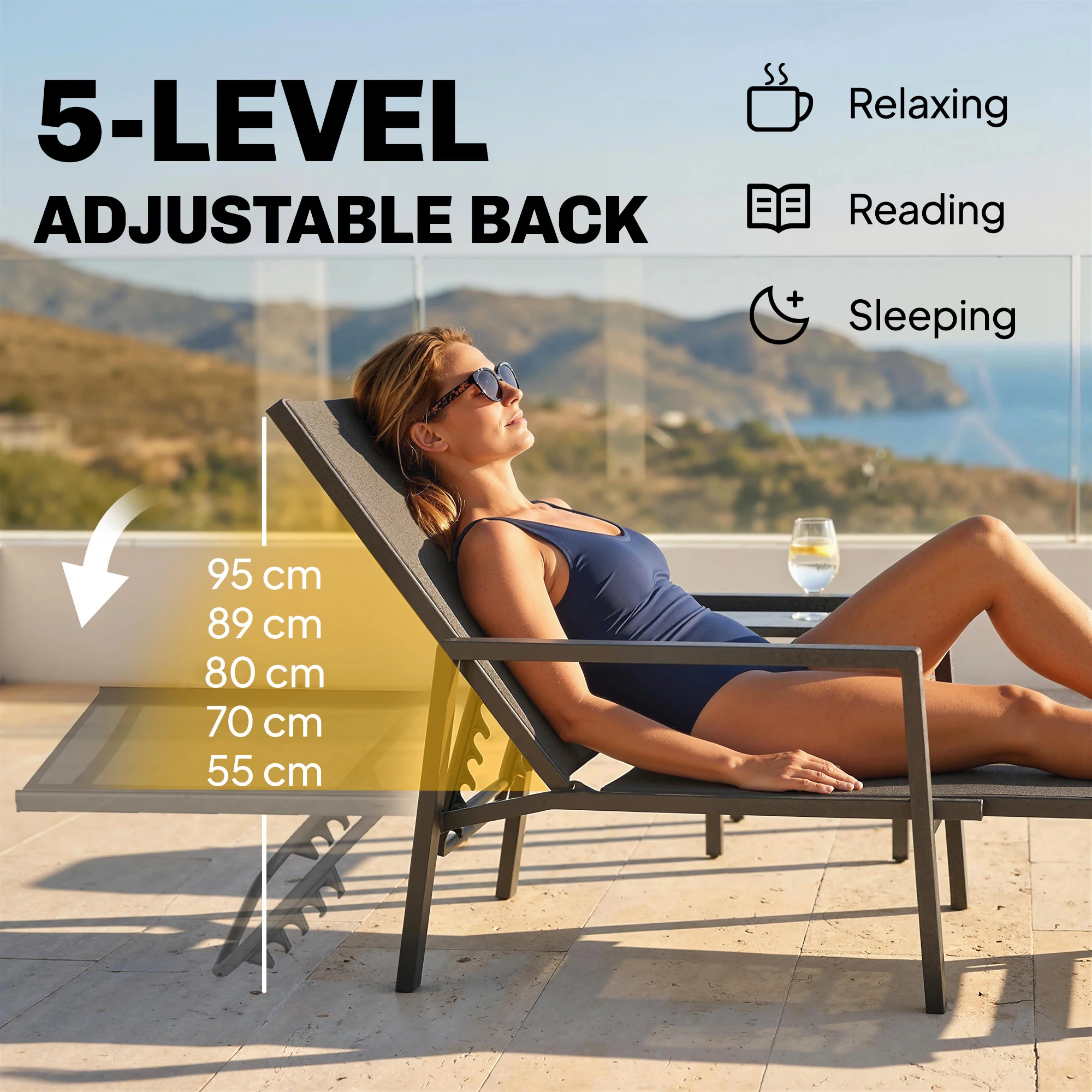 Outsunny Sun Lounger W/ Retractable Footrest, 5-Position Adjustable - Image 4