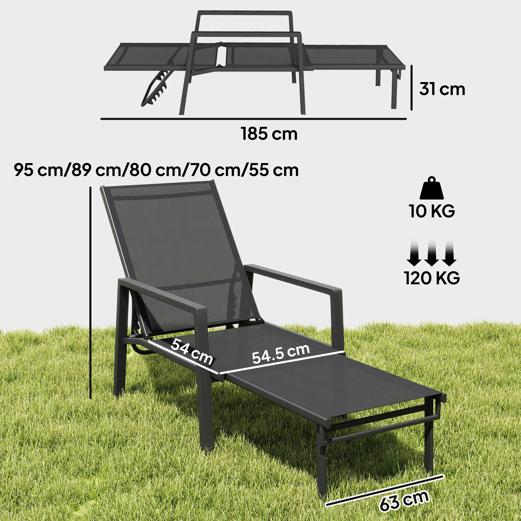 Outsunny Sun Lounger W/ Retractable Footrest, 5-Position Adjustable - Image 5