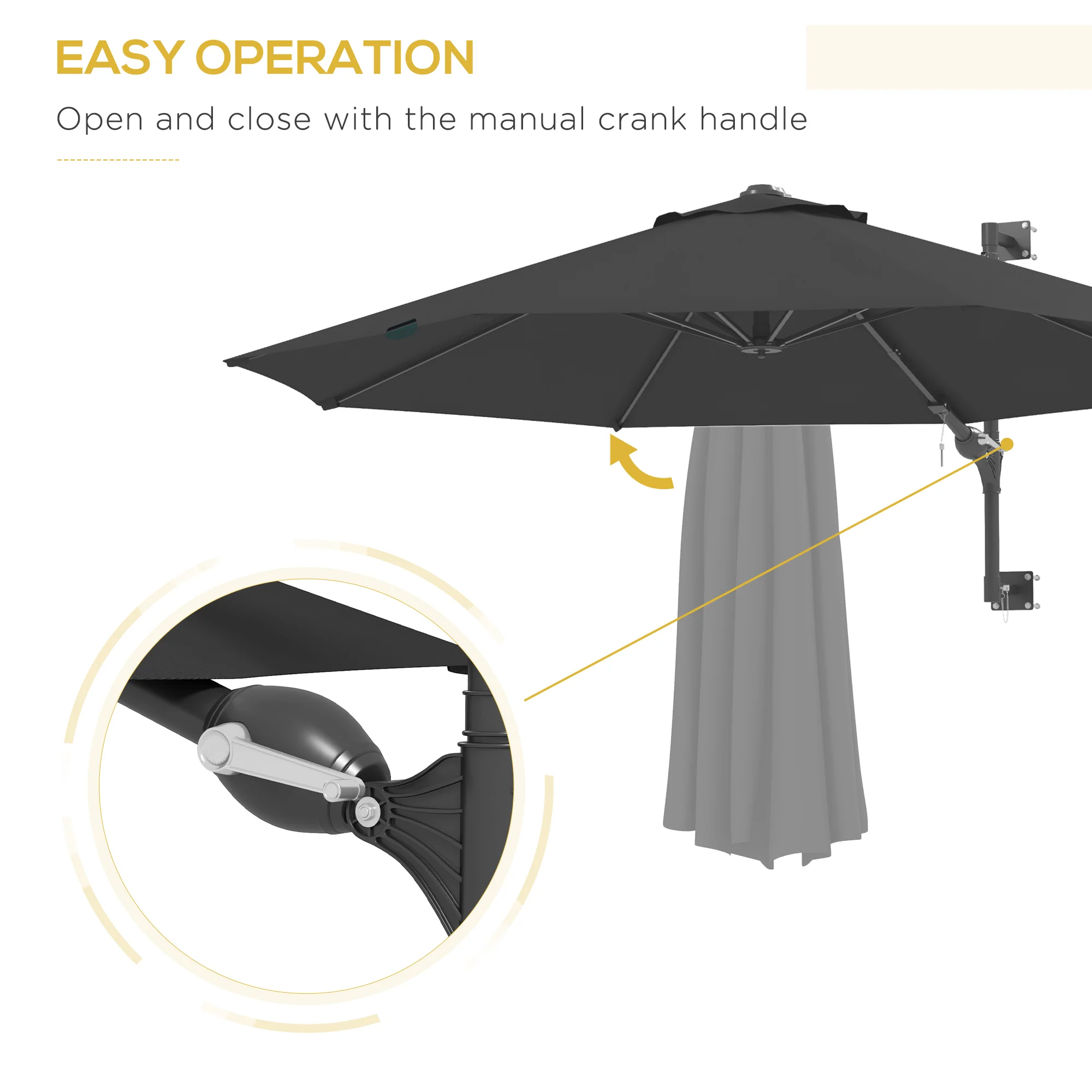 Outsunny Sun Parasol with Vent, Wall Umbrella for Patio, Garden, Pool, Grey - Image 4
