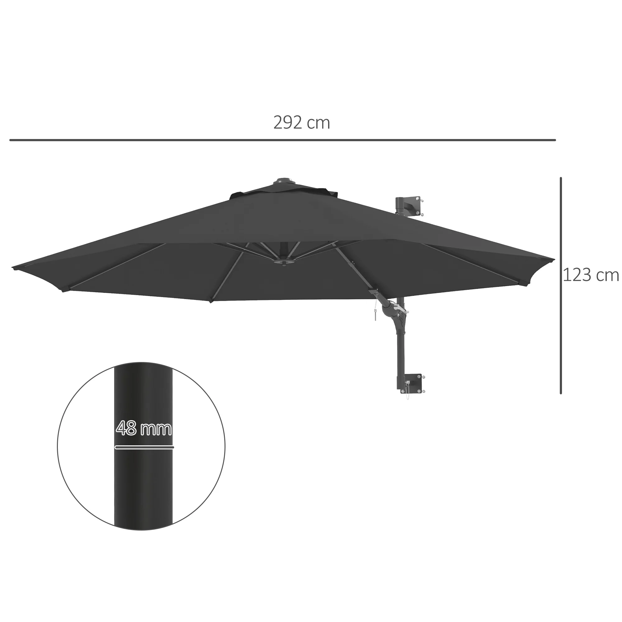 Outsunny Sun Parasol with Vent, Wall Umbrella for Patio, Garden, Pool, Grey - Image 5