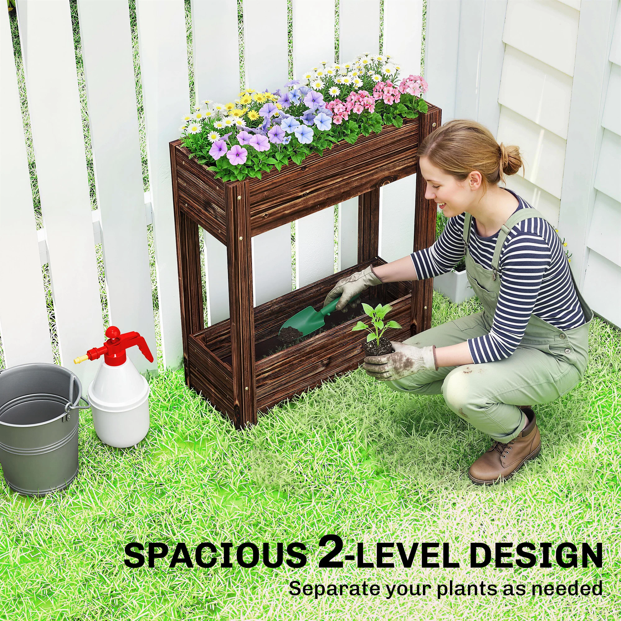 Outsunny Tiered Wooden Raised Planter, Raised Garden Bed on Legs - Image 3