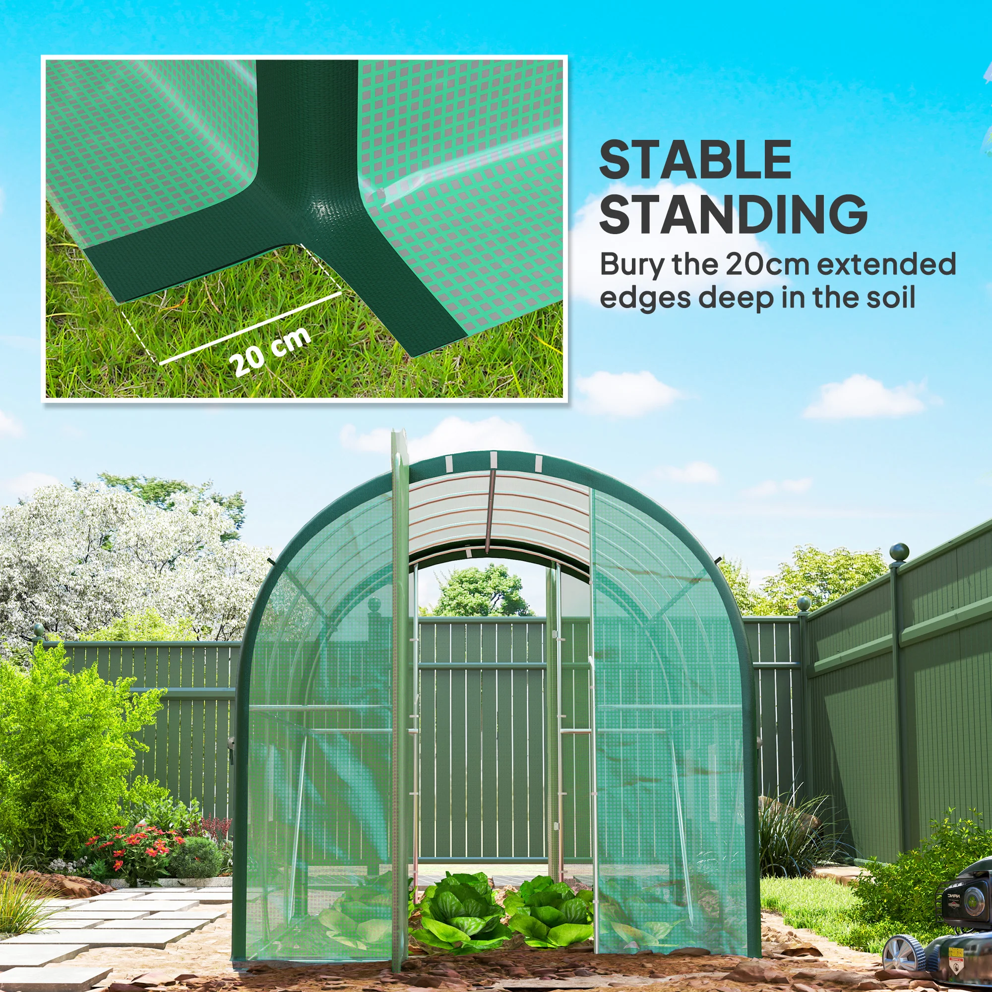 Outsunny Tunnel Greenhouse Upgraded Structure, Hinged Doors, 3 x 2(m), Green - Image 17