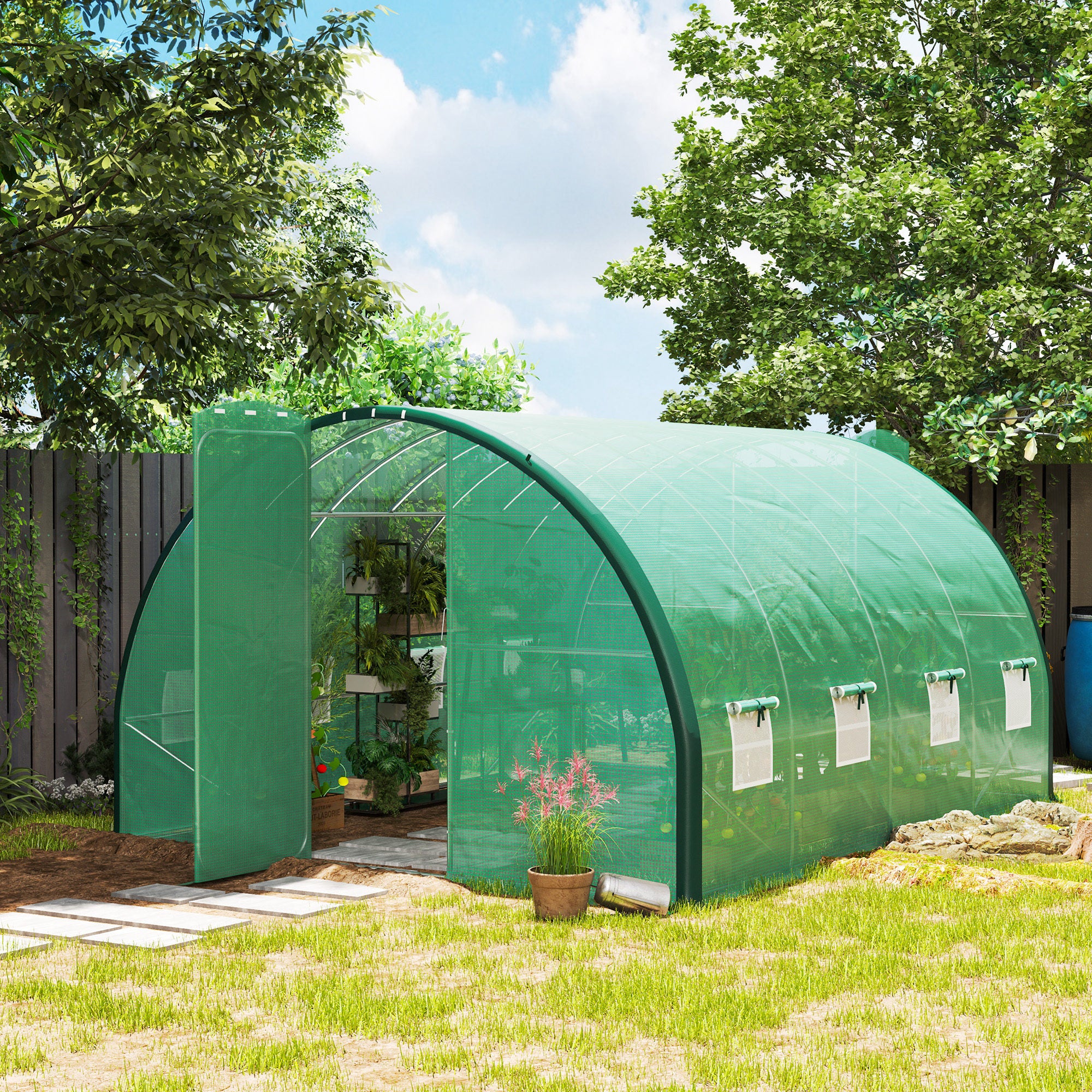 Outsunny Tunnel Greenhouse Upgraded Structure, Hinged Doors, 3 x 2(m), Green - Image 2