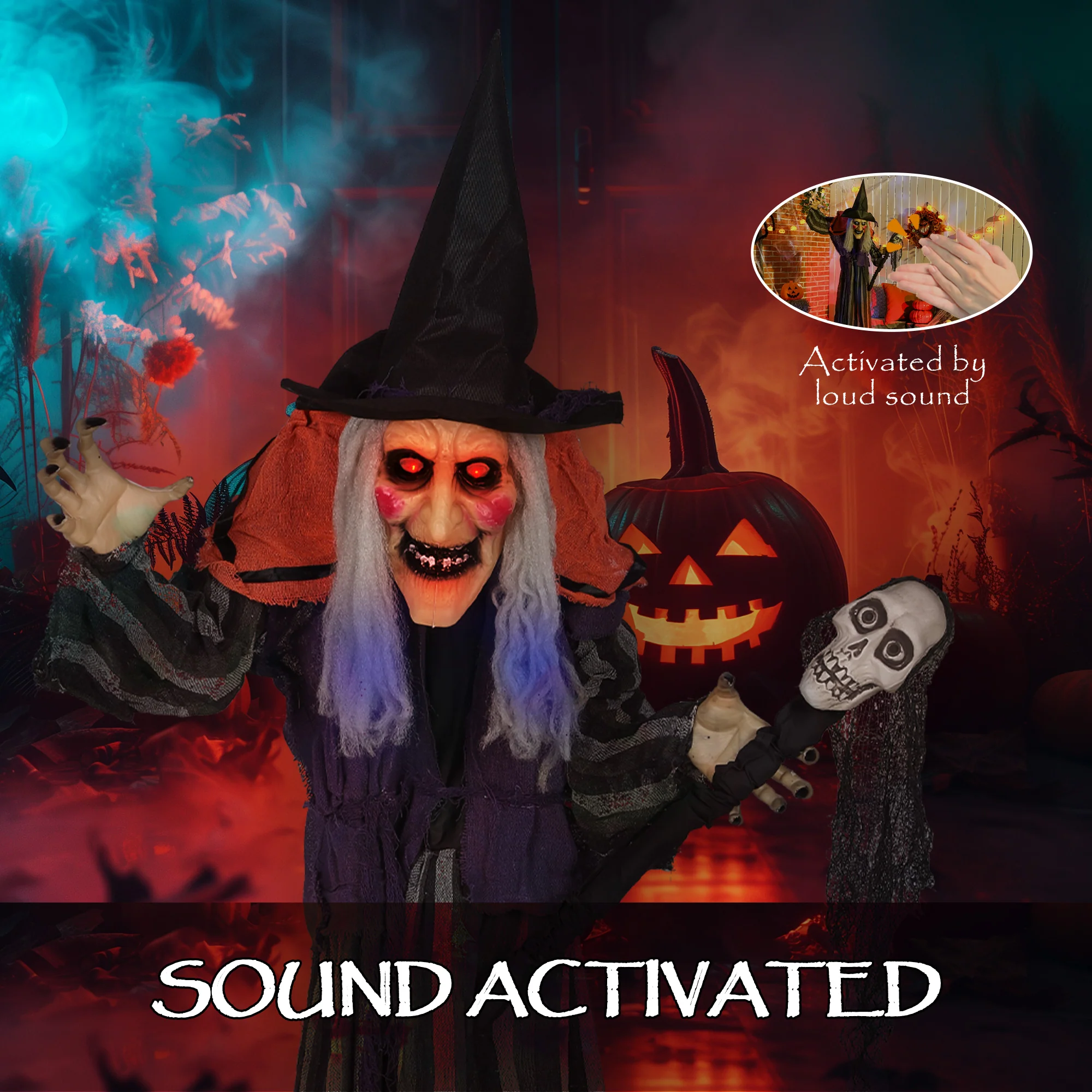 Outsunny Voice Activated Halloween Animatronics Standing Witch & Skull Staff - Image 5