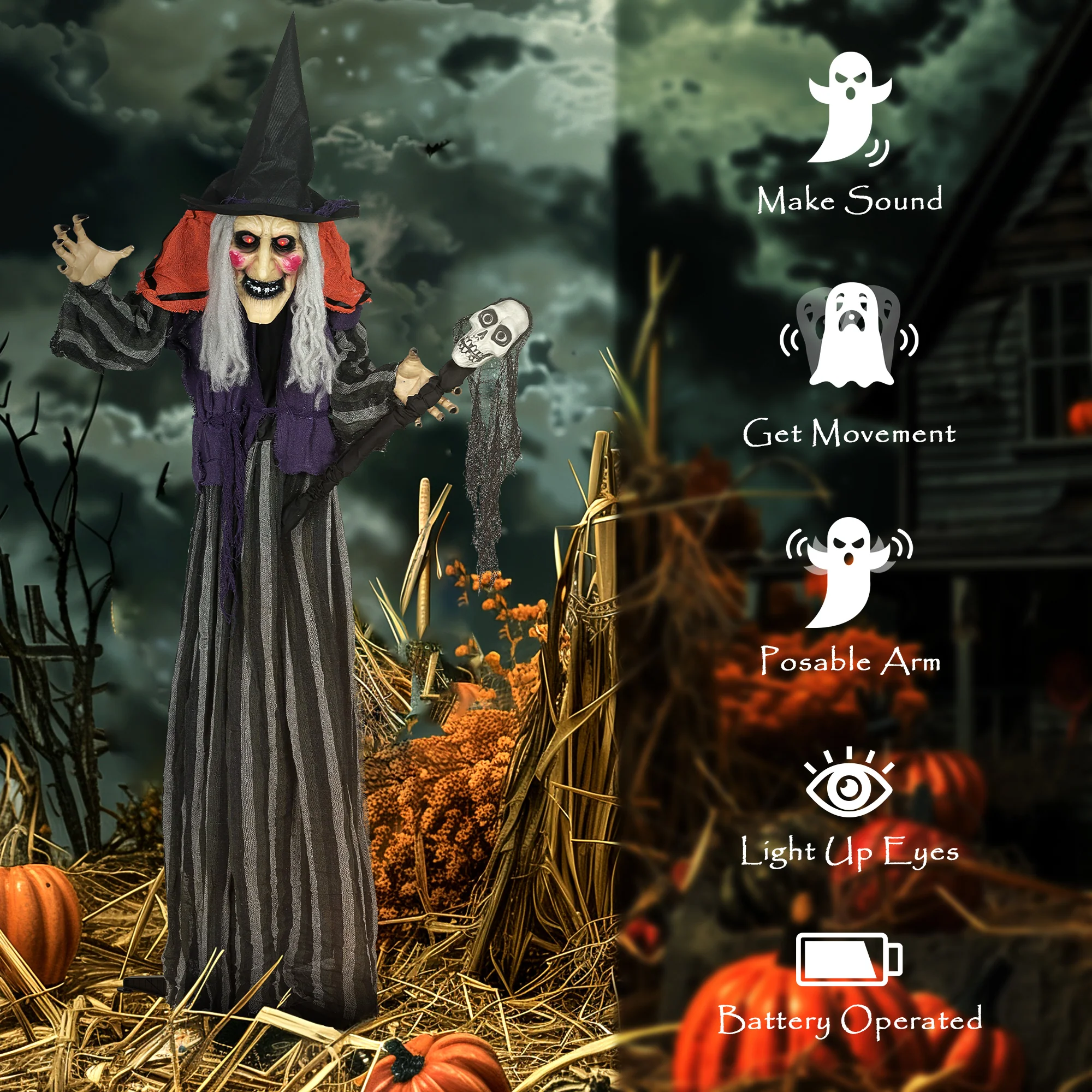 Outsunny Voice Activated Halloween Animatronics Standing Witch & Skull Staff - Image 6
