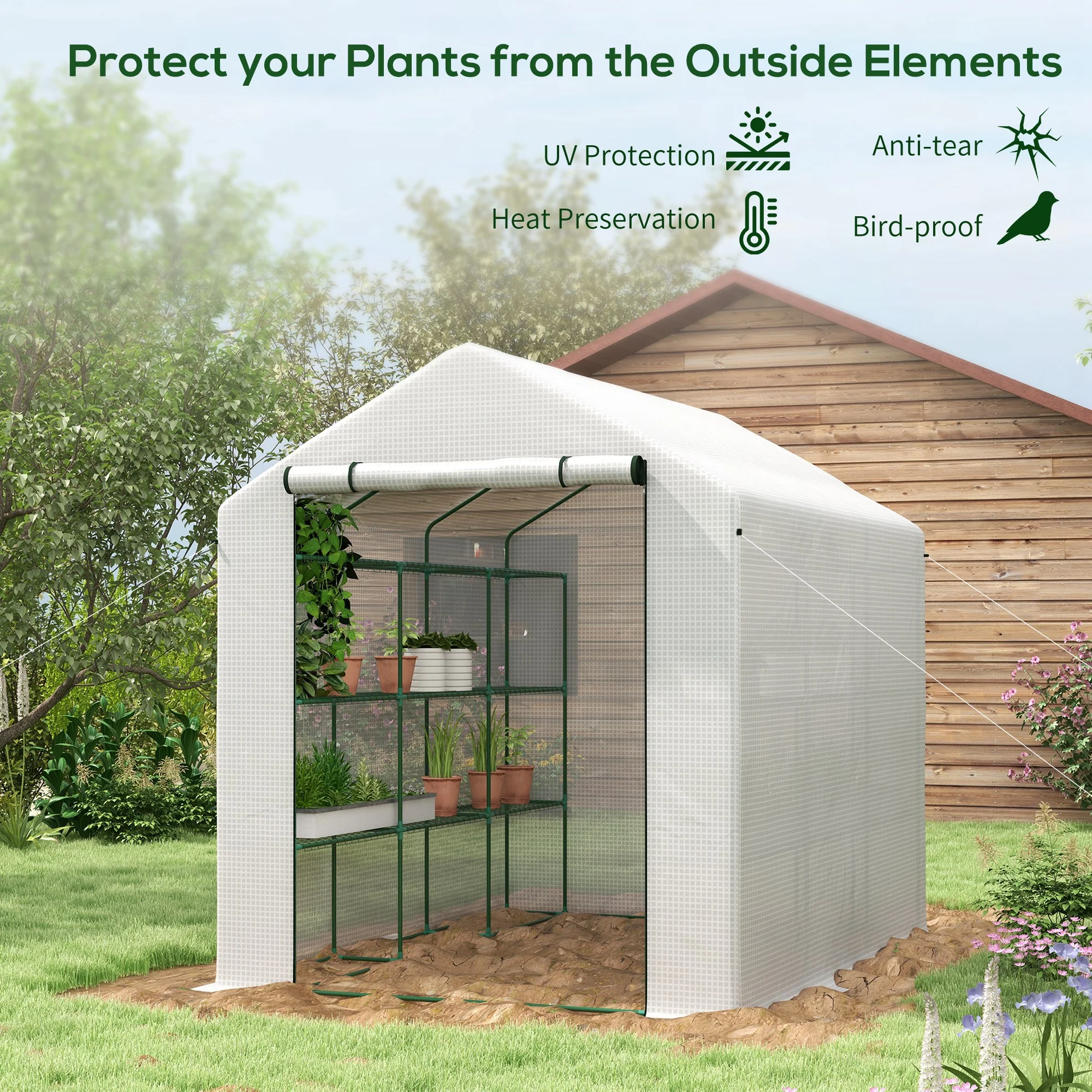 Outsunny Walk-in Garden Greenhouse Shelves Polytunnel Steeple Grow House - Image 3