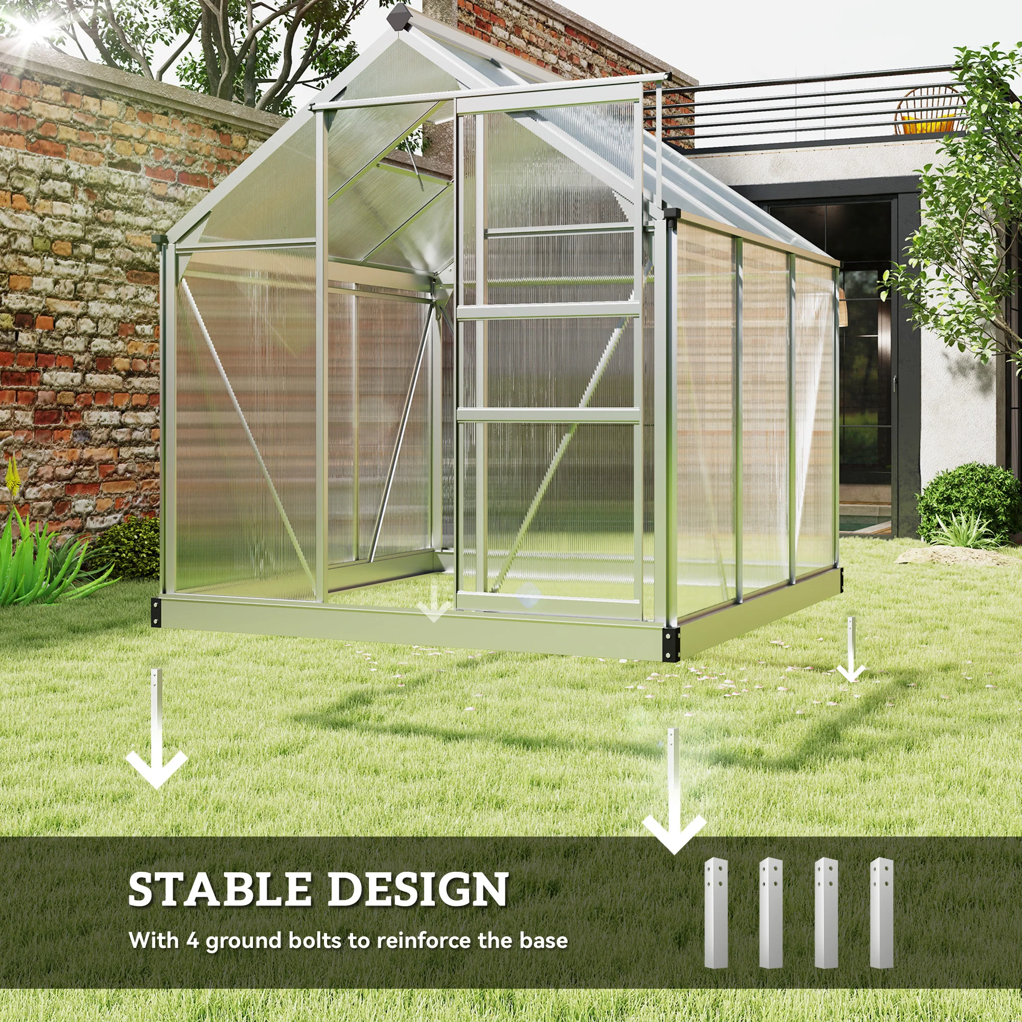 Outsunny Walk-In Polycarbonate Greenhouse Plant Grow Galvanied Aluminium - Image 15