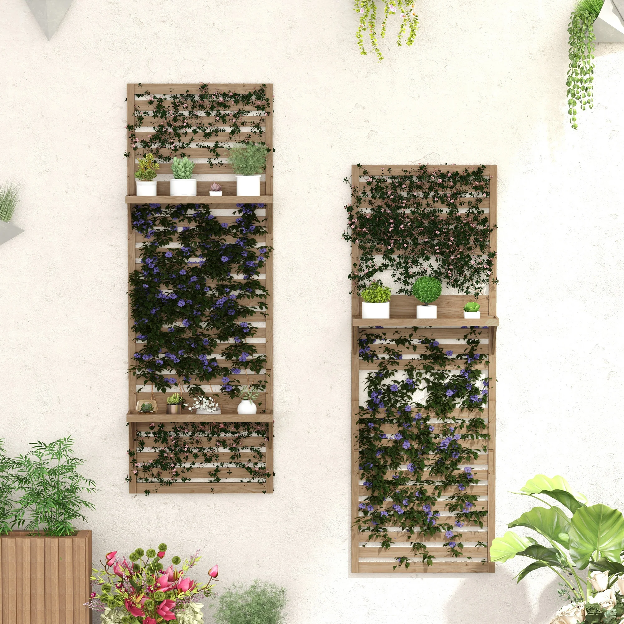 Outsunny Wall Mounted Plant Stands Set of 2 with Shelves and Slatted Trellis - Image 2