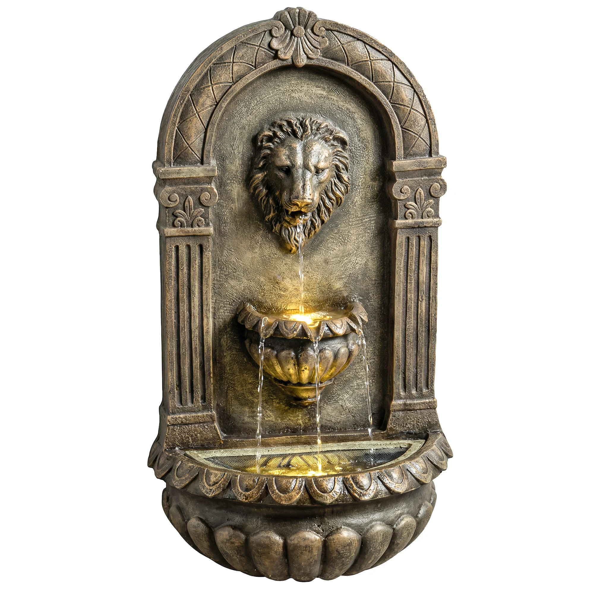Outsunny Wall-Mounted Water Fountain, Garden Water Feature with LED Lights
