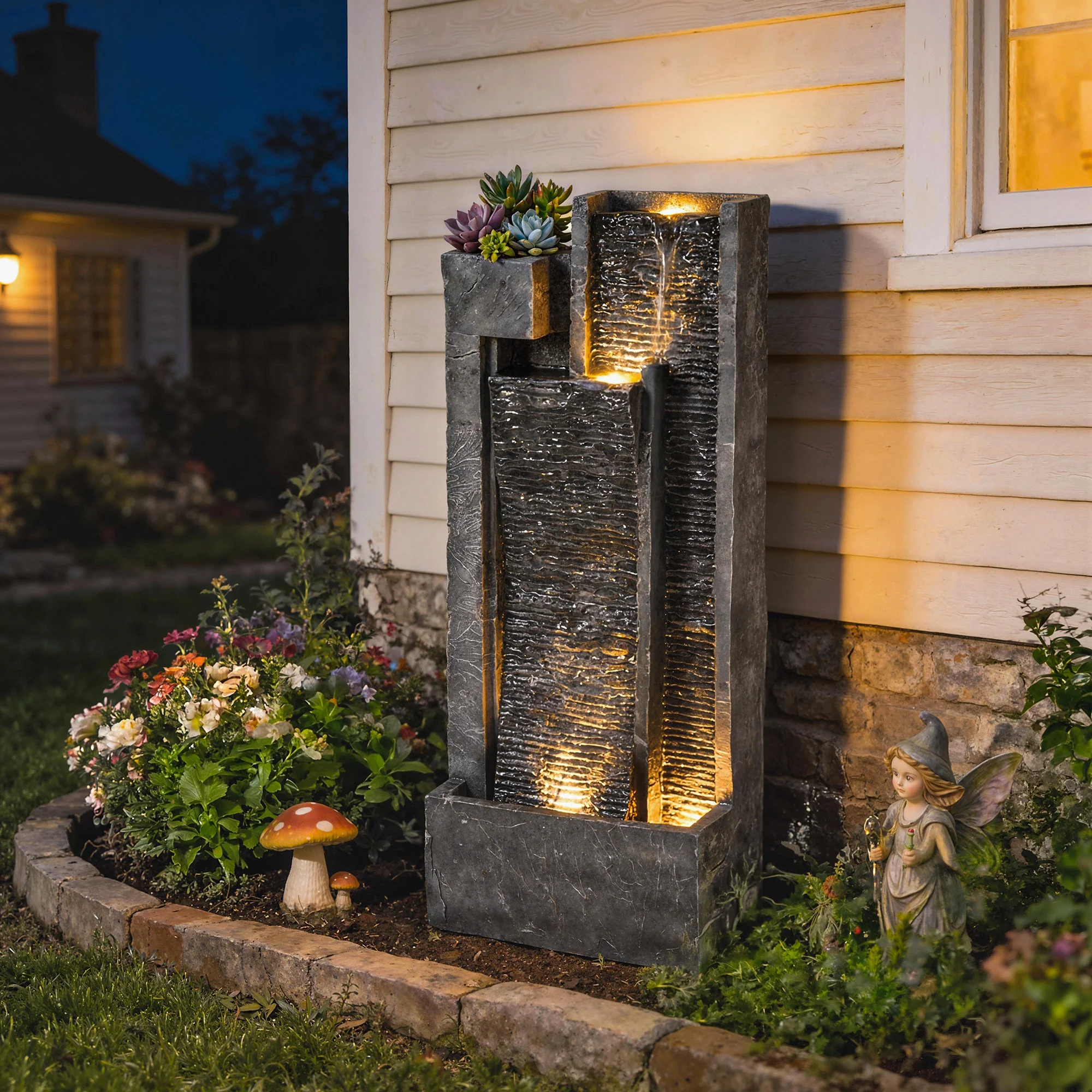 Outsunny Water Feature with Planter, Resin Waterfall Feature, Dark Grey - Image 2