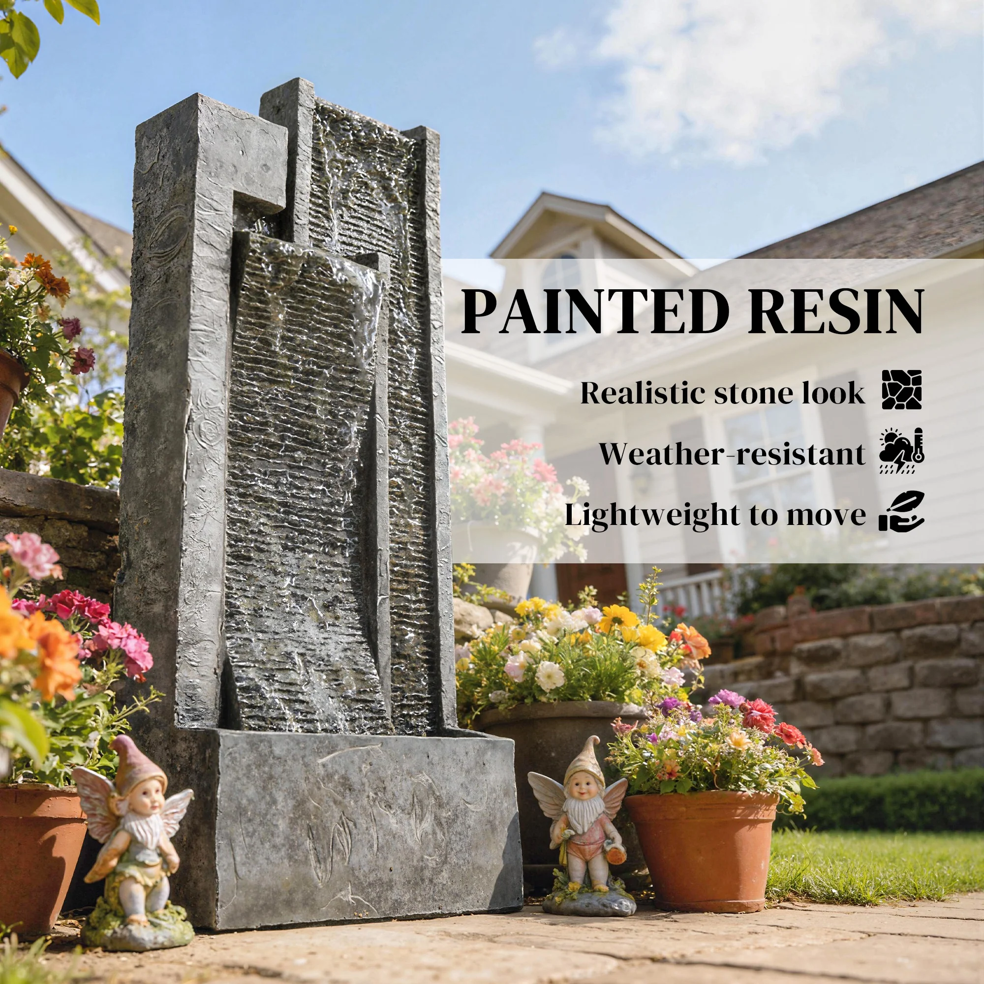 Outsunny Water Feature with Planter, Resin Waterfall Feature, Dark Grey - Image 8