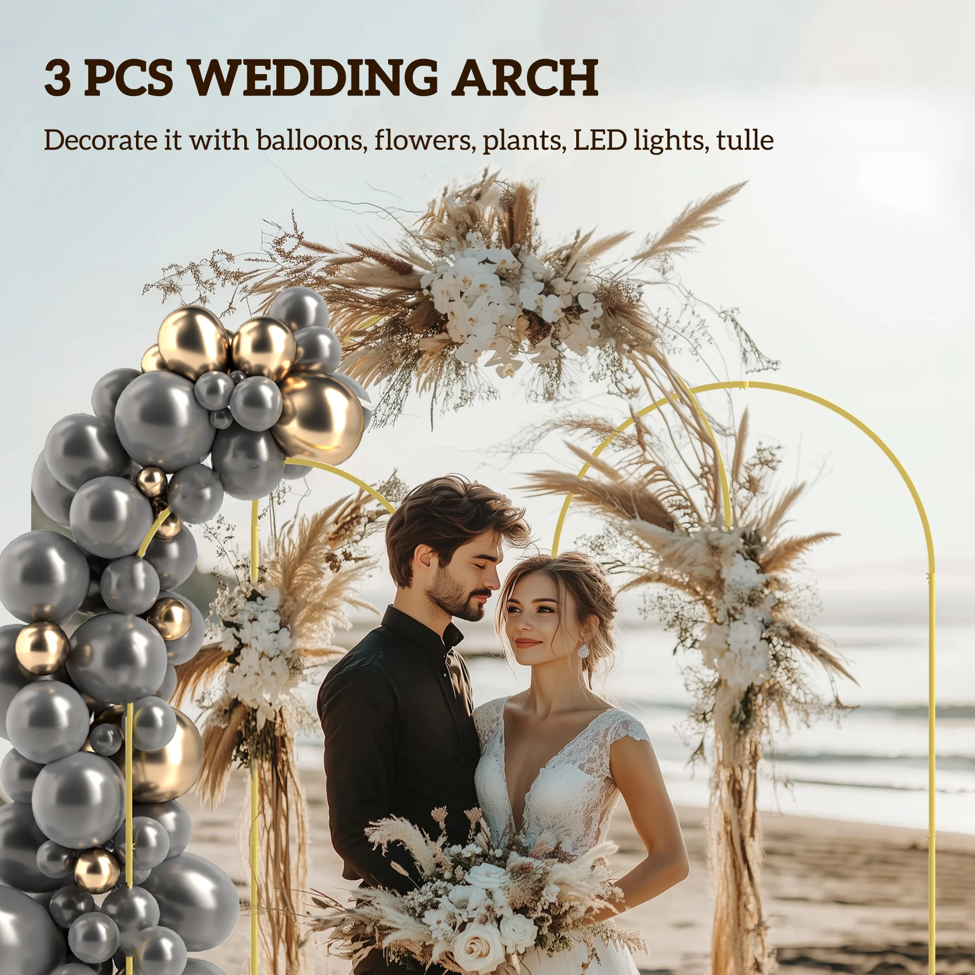 Outsunny Wedding Arch Frame Set, 2.2, 2, 1.8 m Arch Backdrop Stand Gold Tone - Image 3