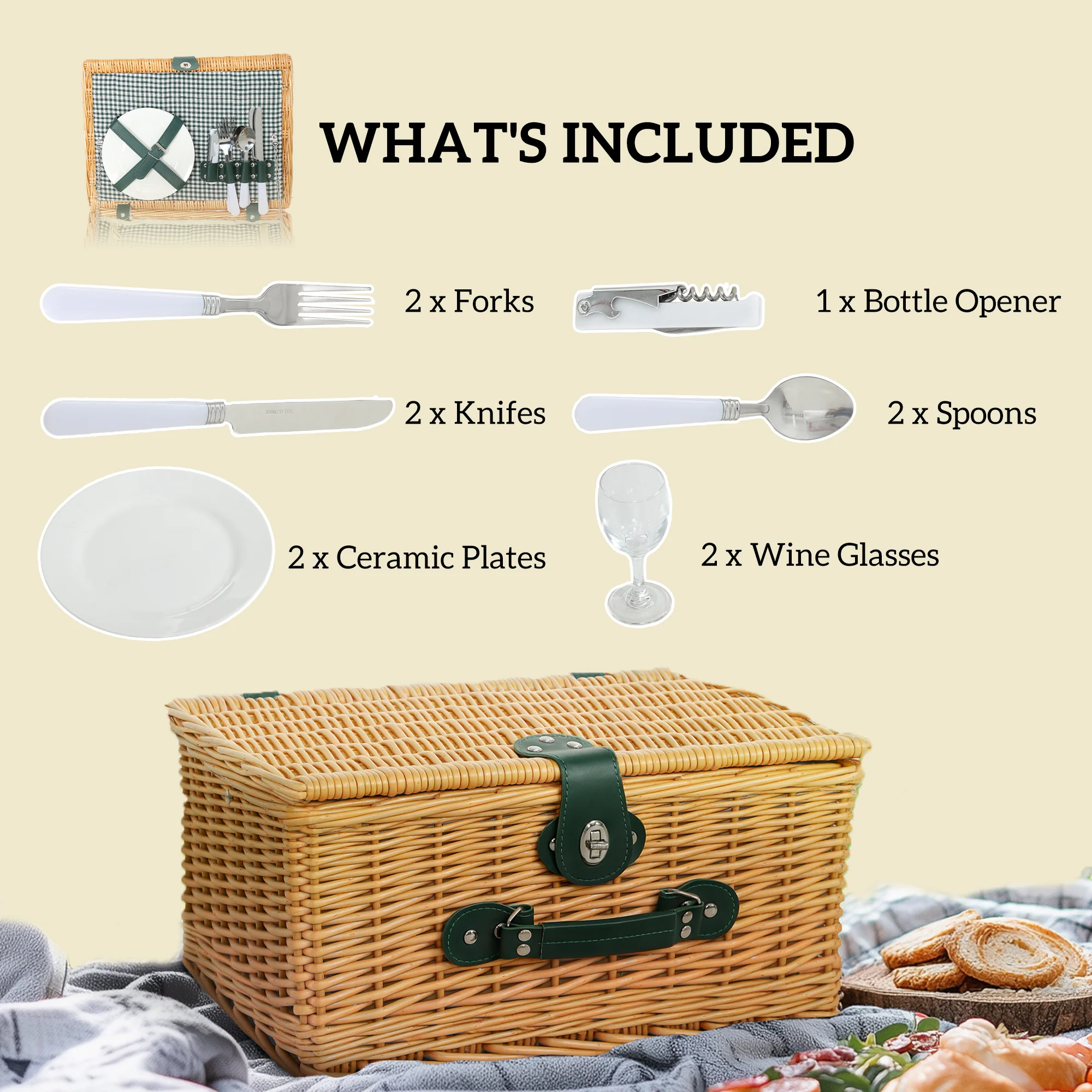 Outsunny Wicker Picnic Basket for 2 w/ Insulated Cooler Bag, Light Brown - Image 3
