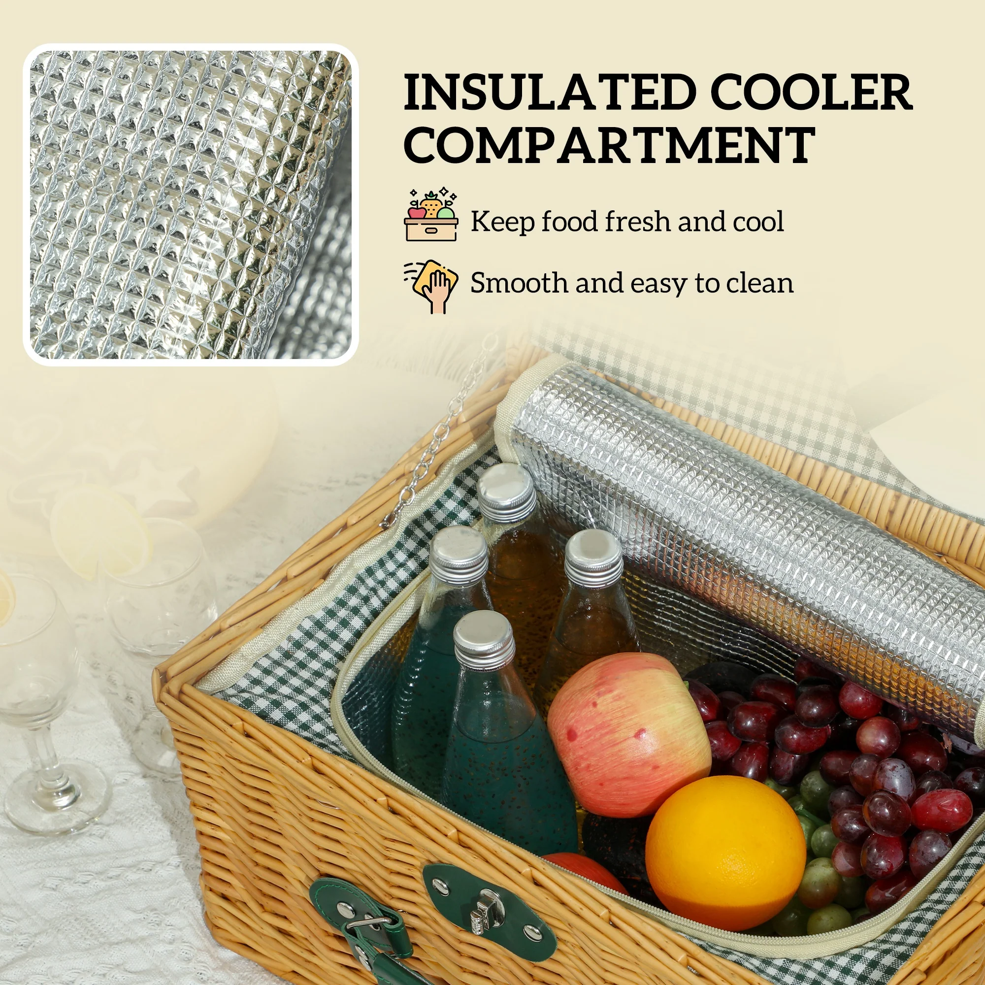Outsunny Wicker Picnic Basket for 2 w/ Insulated Cooler Bag, Light Brown - Image 4