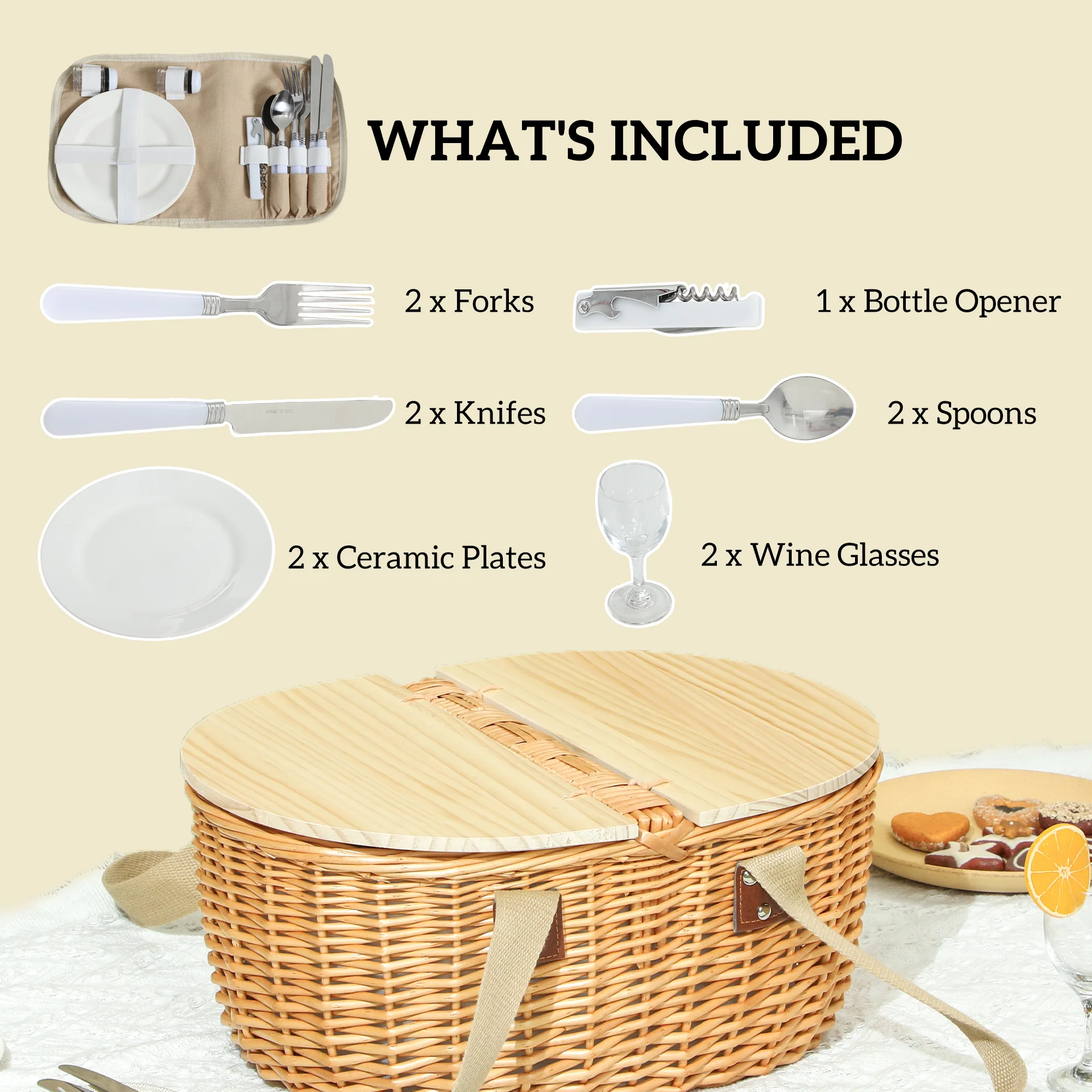 Outsunny Wicker Picnic Basket for 2 with Pine Wood Lid, Light Brown - Image 3