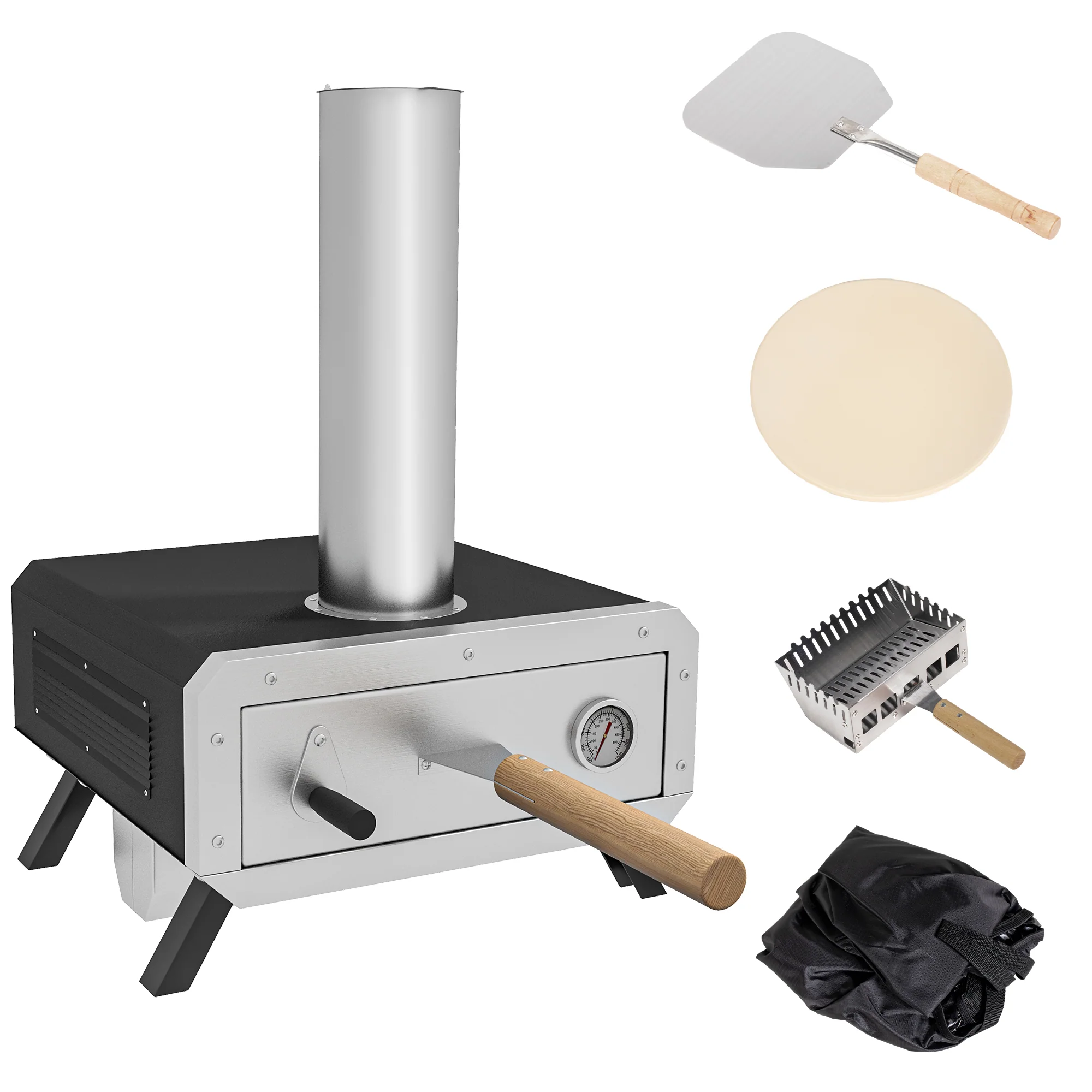 Outsunny Wood Fired Pizza Oven With Rotating Pizza Stone And Cover, Black