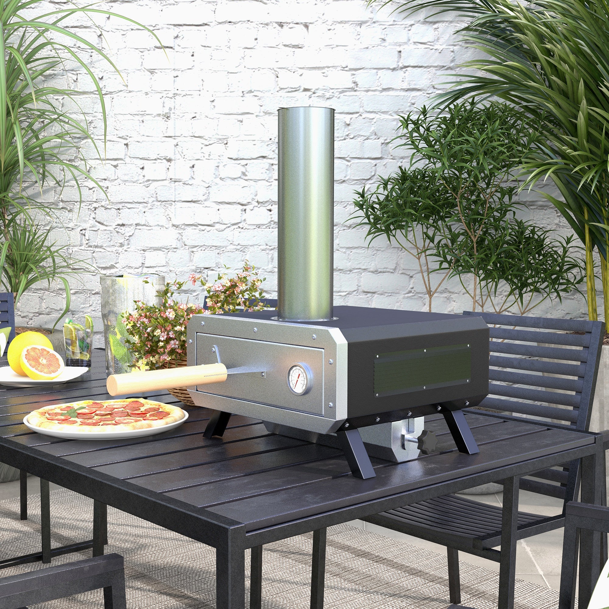 Outsunny Wood Fired Pizza Oven With Rotating Pizza Stone And Cover, Black - Image 2