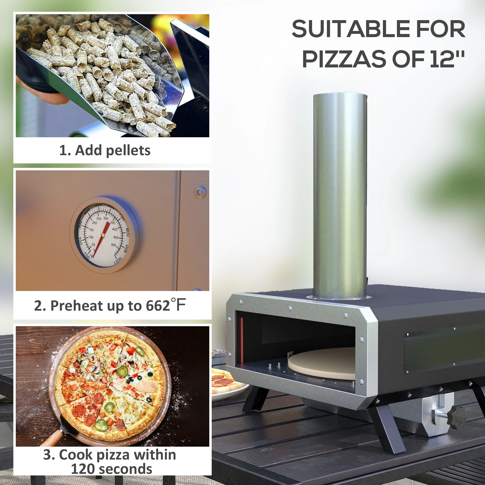 Outsunny Wood Fired Pizza Oven With Rotating Pizza Stone And Cover, Black - Image 3
