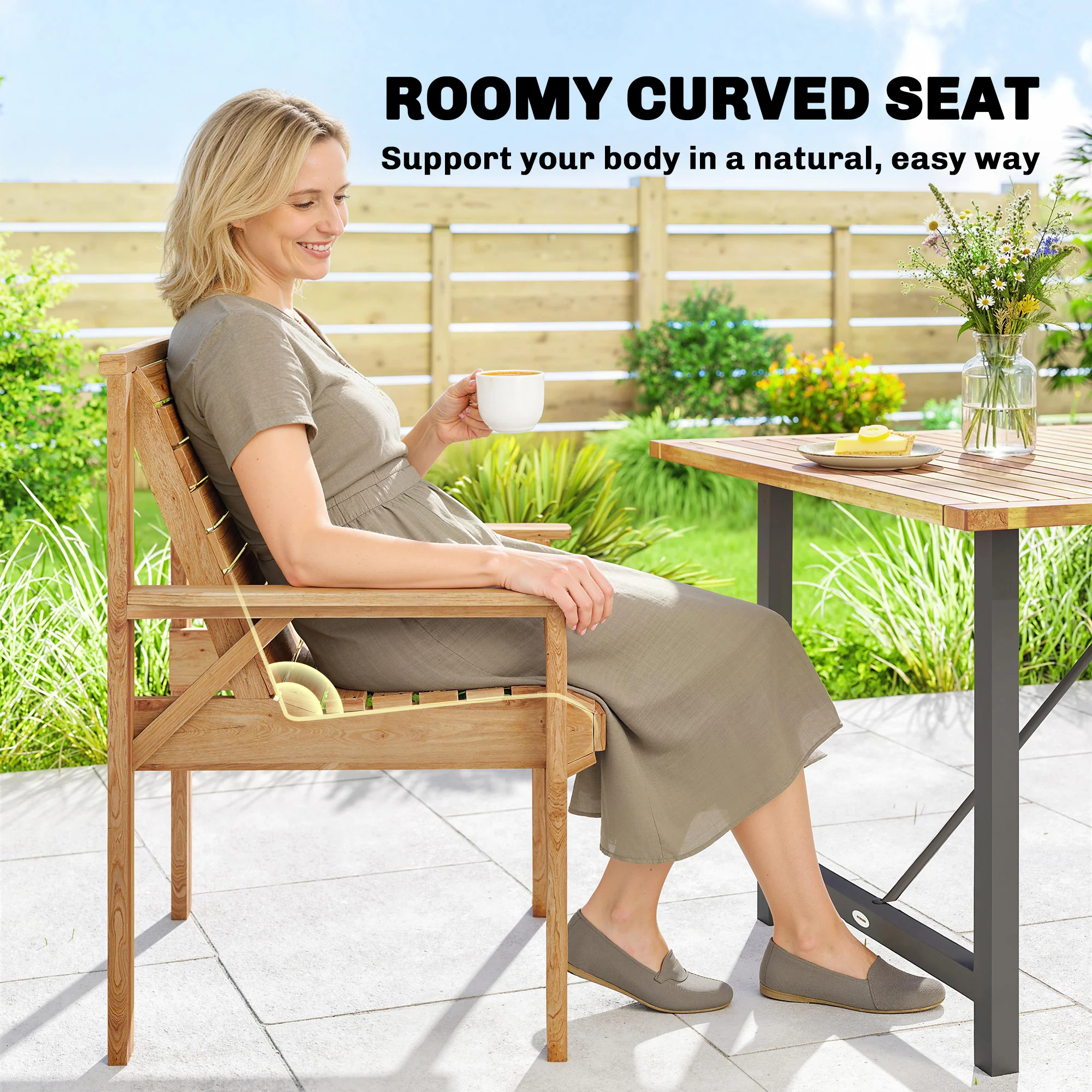 Outsunny Wood Garden Chair Outdoor Dining Chair with Curved Seat, Natural - Image 4