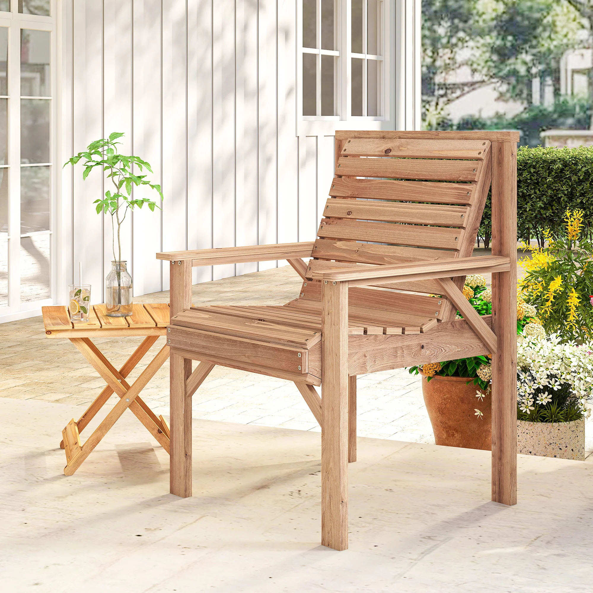 Outsunny Wood Garden Chair Outdoor Dining Chair with Curved Seat, Natural - Image 9