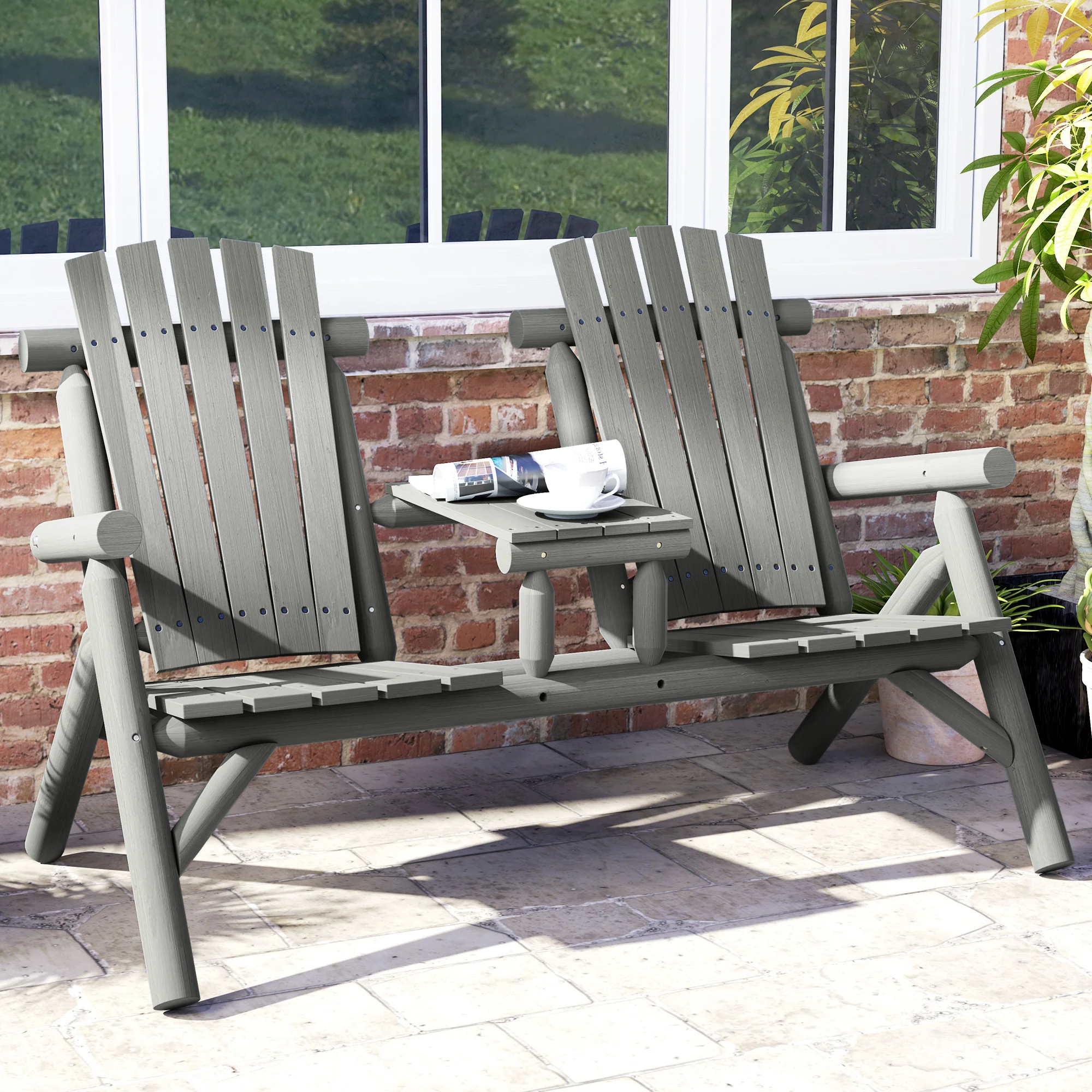Outsunny Wood Patio Bench 2 Seats w/ Centre Coffee Table, Grey - Image 2
