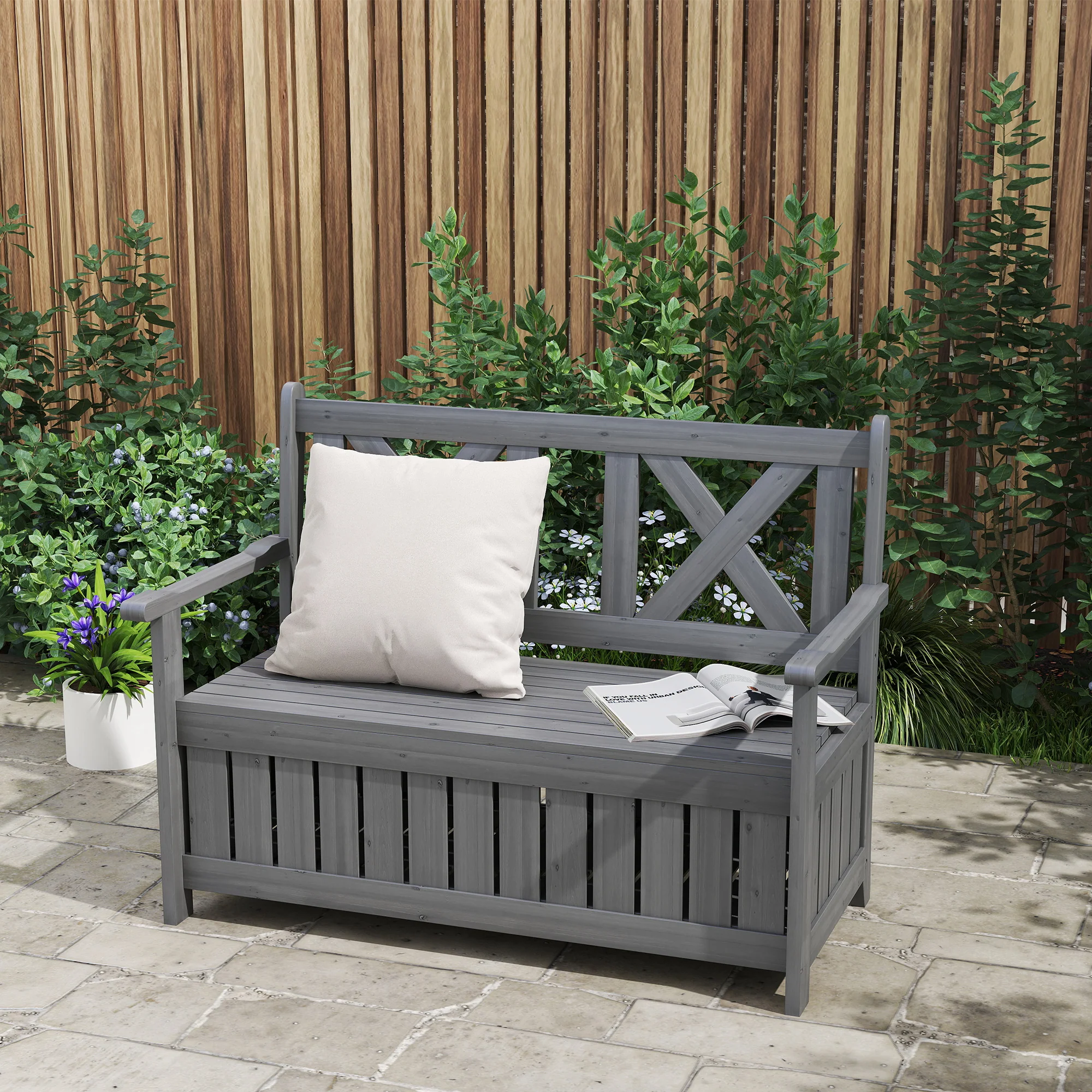 Outsunny Wood Storage Garden Bench for Patio Outdoor Seating, Charcoal Grey - Image 2