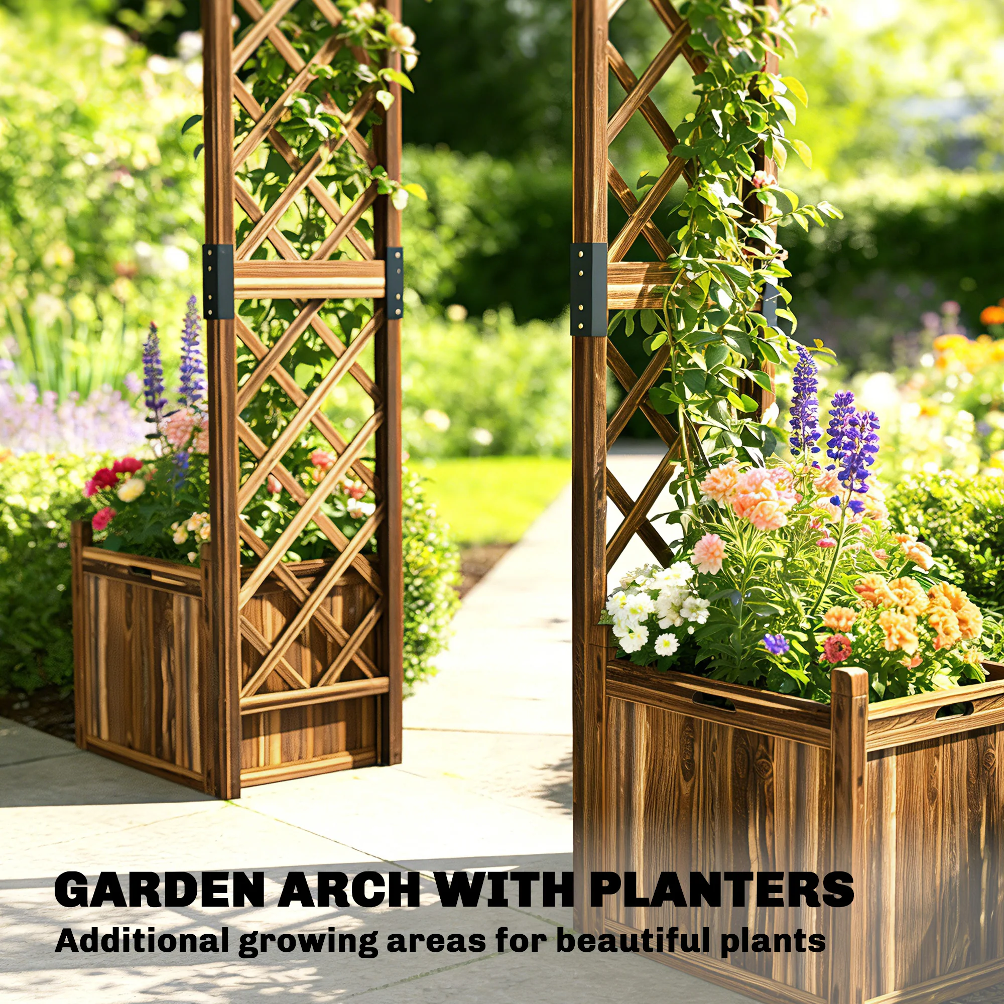 Outsunny Wooden Garden Arch With 2 Planter Boxes, Decorative Garden Arbor - Image 5