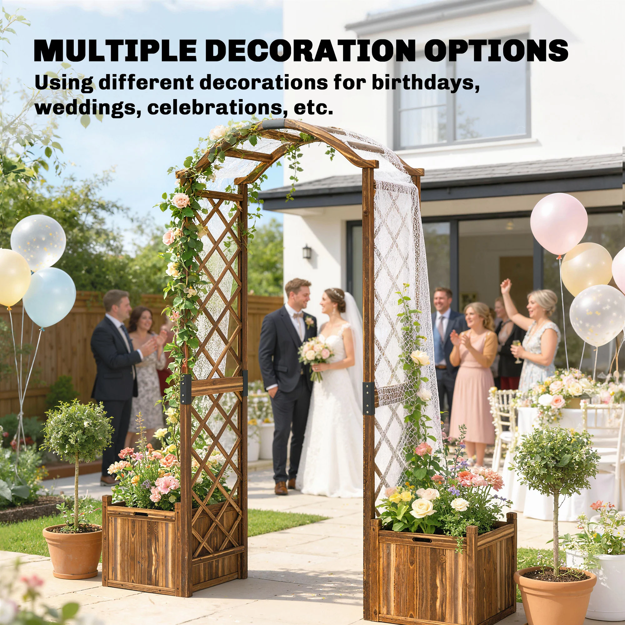 Outsunny Wooden Garden Arch With 2 Planter Boxes, Decorative Garden Arbor - Image 7
