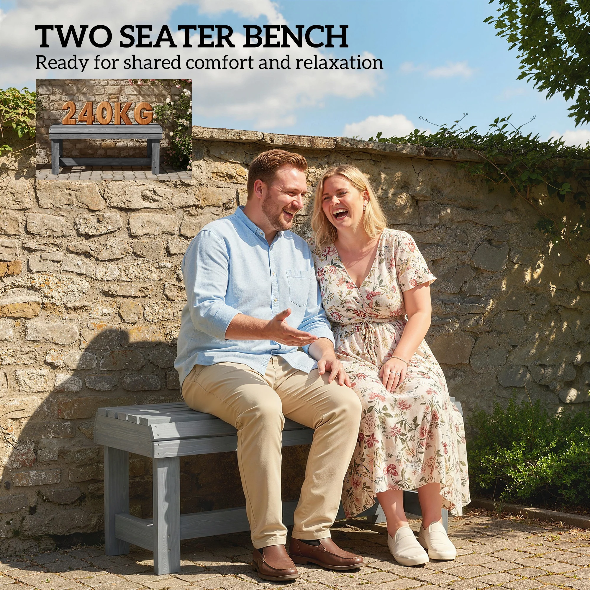 Outsunny Wooden Garden Bench, 2 Seater Slatted Outdoor Bench, Grey - Image 8