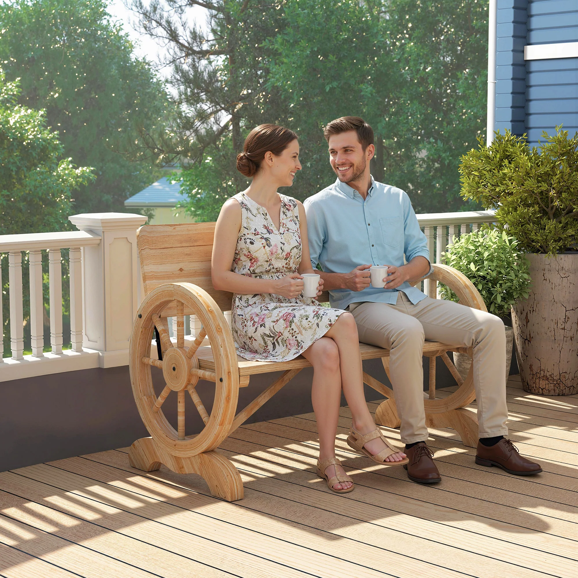 Outsunny Wooden Garden Bench Outdoor Loveseat with High Back, Natural Wood - Image 8